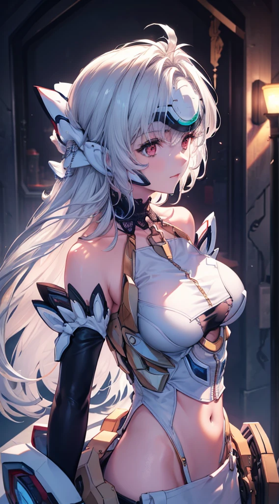 (((Masterpiece))), (portrait), diffused light, dynamic shadows, sharp focus, realistic, detailed, highres, absurdres, anatomically correct, seductive face, white background, torn clothes, looking to the side, black choker, belly button, medium breast