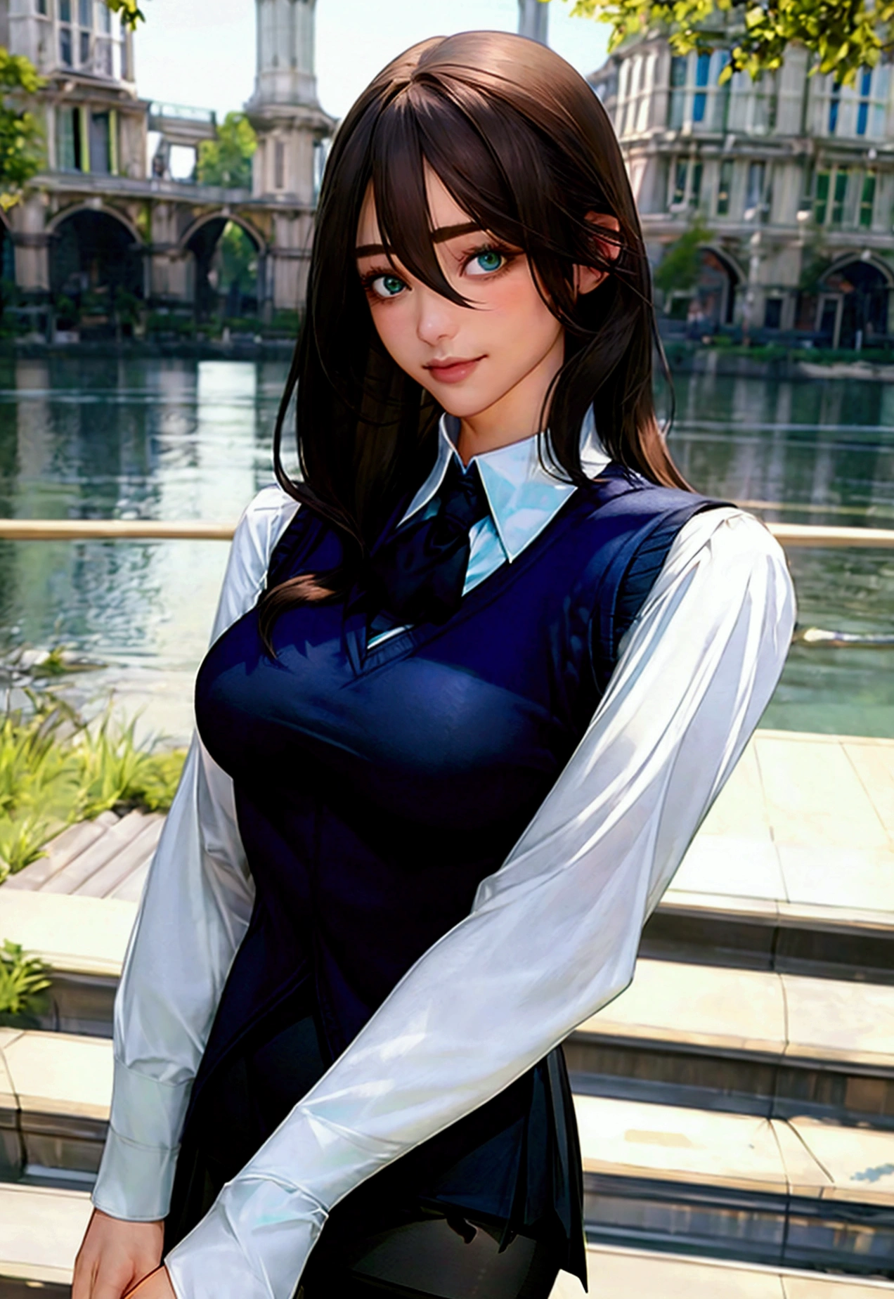 (masterpiece:1.2, Highest quality), (Realistic, photoRealistic:1.4), Beautiful illustrations, (Natural Side Lighting, Cinema Lighting), View your viewers, Cowboy Shot, Front view:0.6, 1 girl, Japanese, OL, Perfect Face, Cute and symmetrical face, Glowing Skin, (lLong hair:1.4, Straight hair:1.7, Brown Hair), Hair between the eyes, Emerald green eyes, Long eyelashes, (Large Breasts:0.9, Thick thighs), Beautiful Hair, Beautiful Face, Beautiful attention to detail, Beautiful clavicle, Beautiful body, Beautiful breasts, Beautiful thighs, Beautiful feet, Beautiful fingers, ((White collared shirt with long sleeves, dark blue suit vest:1.4, Dark blue tight skirt:1.4, Black Pantyhose:1.3)), High heels, (Beautiful views), evening, River side, walk, Place your hand on your chest, (Cute smile, Upward glance),