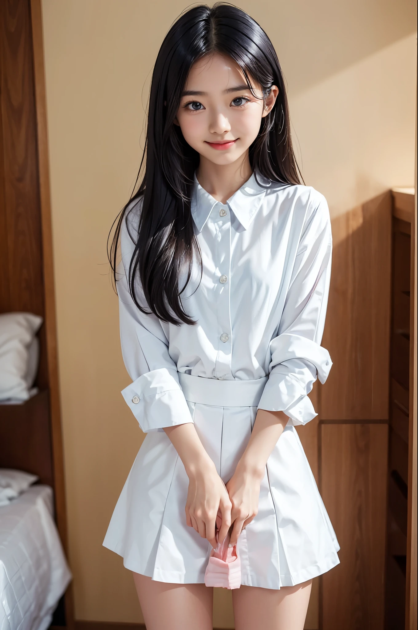 Unbelievably beautiful japanese girl, junior high school, (slim, tiny, small, plain), (have a vaginal sex , Please insert penis into your pussy:1.3), neat and clean face, baby face:1.1, emotional happy smile face, A kind smile, short hair, 15 years old, (Best Quality, 8K, master piece :1.3), (gleaming skin, Shiny hair:1.4), master piece, Best Quality, (Ultra-detailed), shirt and skirt