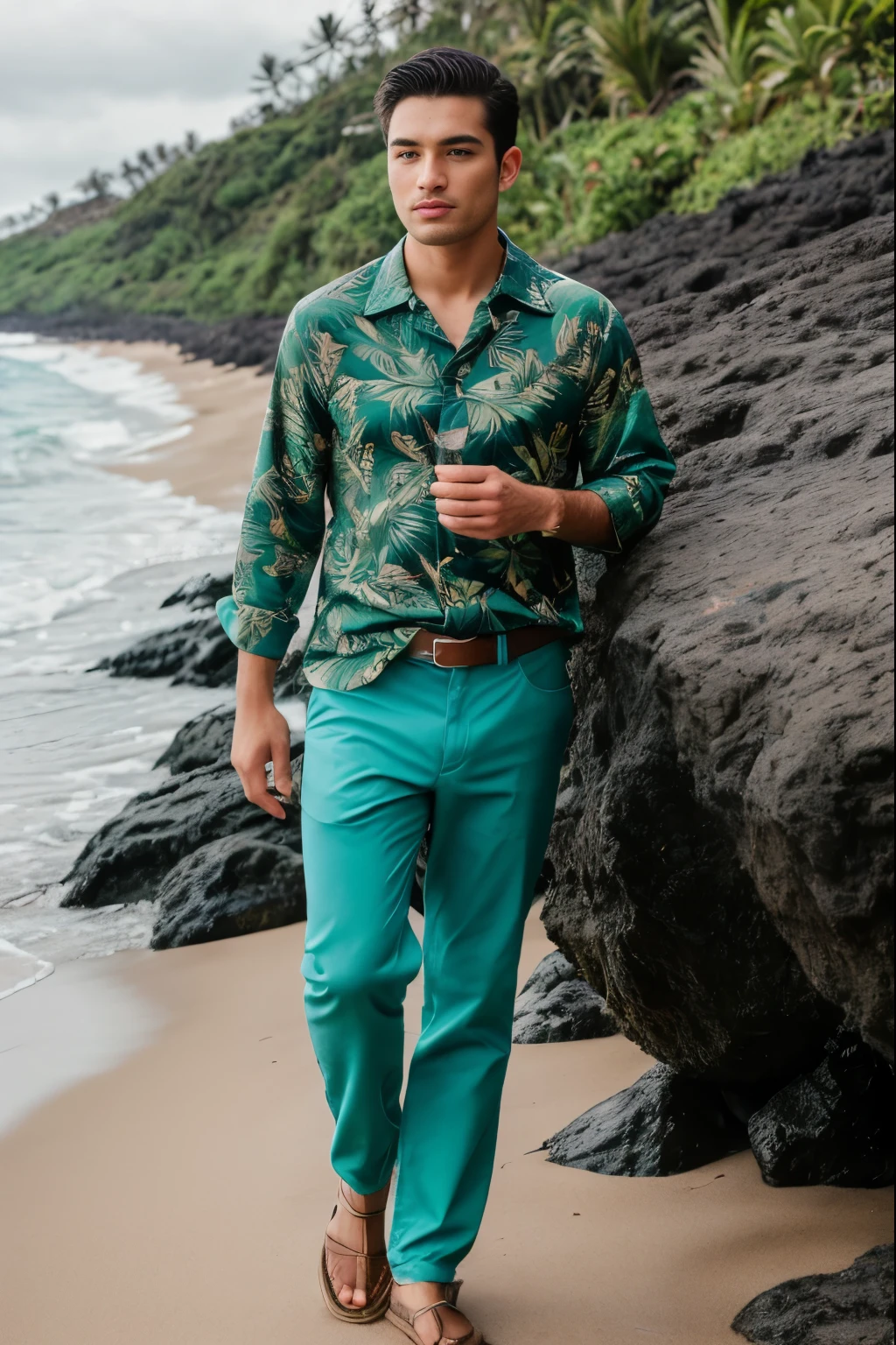 8k uhd, dslr, high quality , RAW photo, Realistic Photography , Full Body, Fujifilm XT3, Canon R5, Handsome Men , beach , Hawaiian shirt and loose green pants