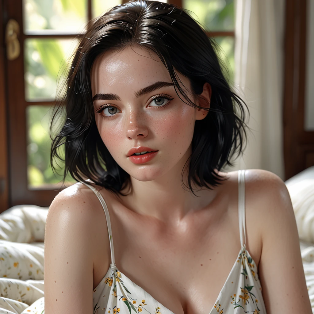 beautiful girl with realistic black eyes, pale skin, freckles on face, short-length black hair, cum on perfect face, perfect eyes, wearing sheet sundress, highly detailed, comprehensive cinematic, digital painting, 8k, cinematic lighting, best quality, highres, detailed work, post-processing, perfect result, hyper realistic, (anal rape:1.6), sexy pose, seductive look, big breasts, beatiful woman, cute woman