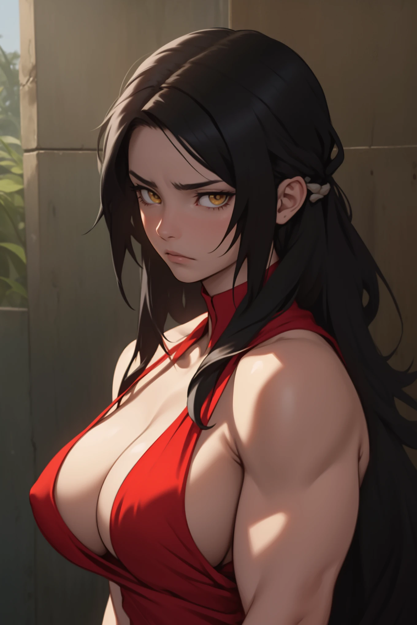 hair flaps massive hair long hair black hair onyx pale skin yellow eyes huge muscles huge breasts sad sad angry sad girl red silk red silk silk sad pale red silk sad