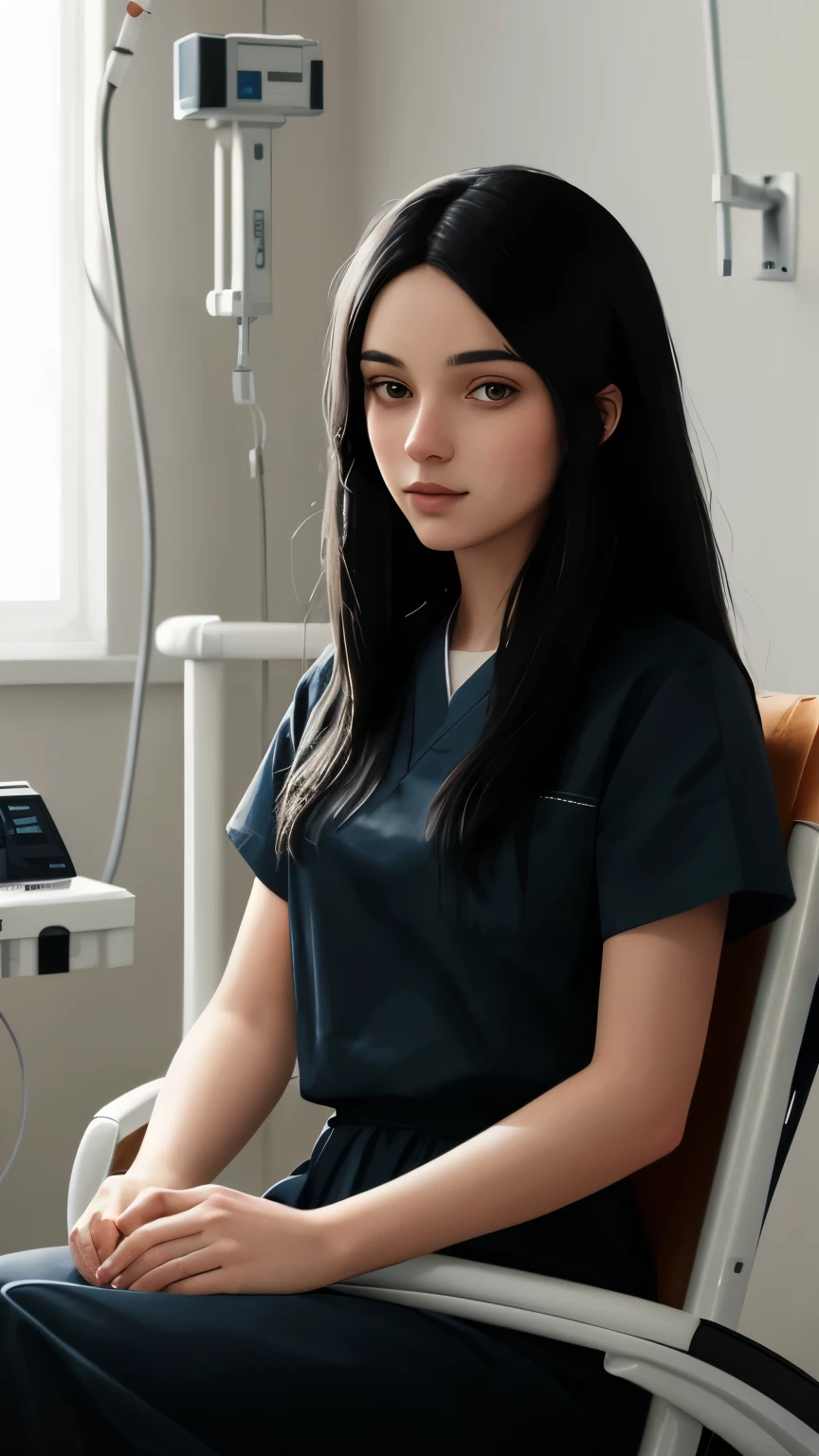 ((best quality)), ((masterpiece)), (detailed), A digital illustration of a long black haired young women sitting in a chair and looking relaxed in a hospital setting