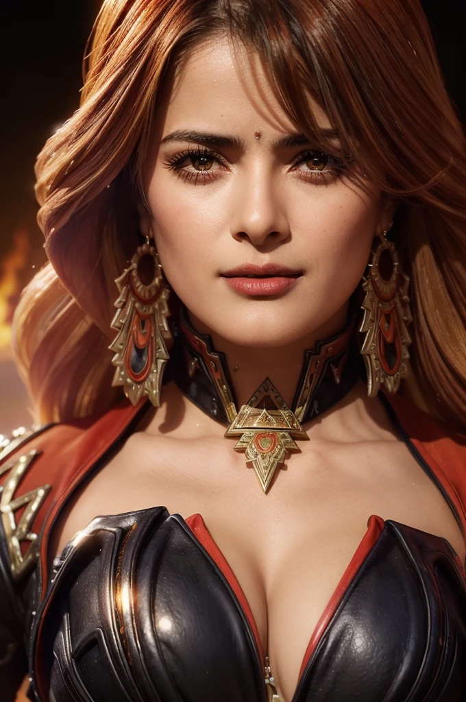 A adult girl in realistic portrait of high quality and detail, dark anime style, Mavuika (Genshin Impact), Salma Hayek, 25 years old, the sky is ablaze with bright flames in the background, depth of field, magic, big red lips, ((red and yellow eyes)), black and red full clothes, covered chest, mystical atmosphere, ominous shadows, Intense blue aura, Intense red aura (best quality:1.2), absurdres, intricate details, (highly detailed skin:1.2), smile expression, posing, taut and well defined body, attractive. Highly realistic, tanned skin, beautiful, hyperrealism, skin very elaborated, direct gaze, Aztec style, rectangular sunglasses, glow, eye shadow, 1girl, Depth & Perspective, smiling on her face, fine face, She is standing in the middle of the battle arena, outdoors, Aztec pyramid on the background, looking at viewer, (ultra-high detail:1.2), Masterpiece, Best Quality, Ultra-detailed, Cinematic lighting, 8K, delicate features, cinematic, 35 mm lens, f/1.9, highlight lighting, global lighting –uplight –v 4, cinematic, Cinematic lighting, 8K, high quality, Highest Quality, (Solo Focus), (extremly intricate:1.3), (Realistic), masterful, Analog style, (Film grain:1.5), (warm hue, cold tone),