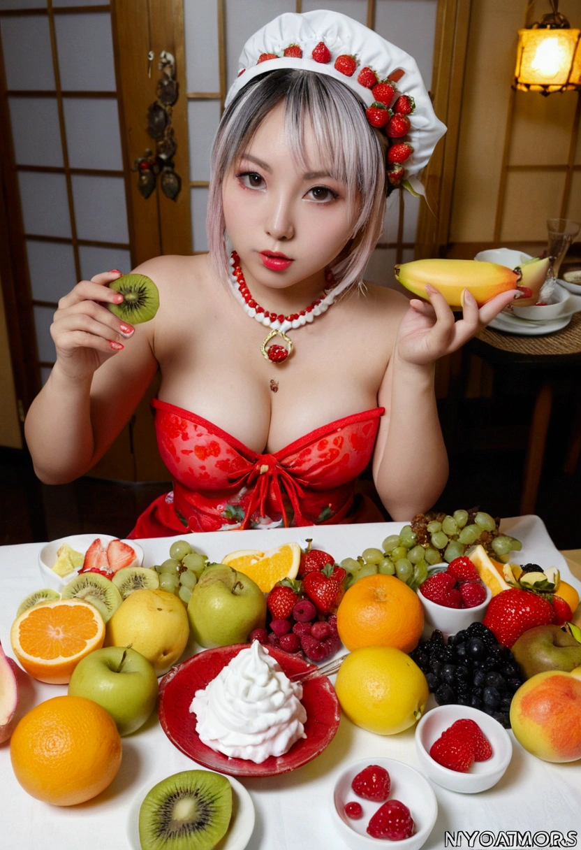 Nyotaimori 、Girl at the dining table、fruits、Whipped cream、Pussy_perfection