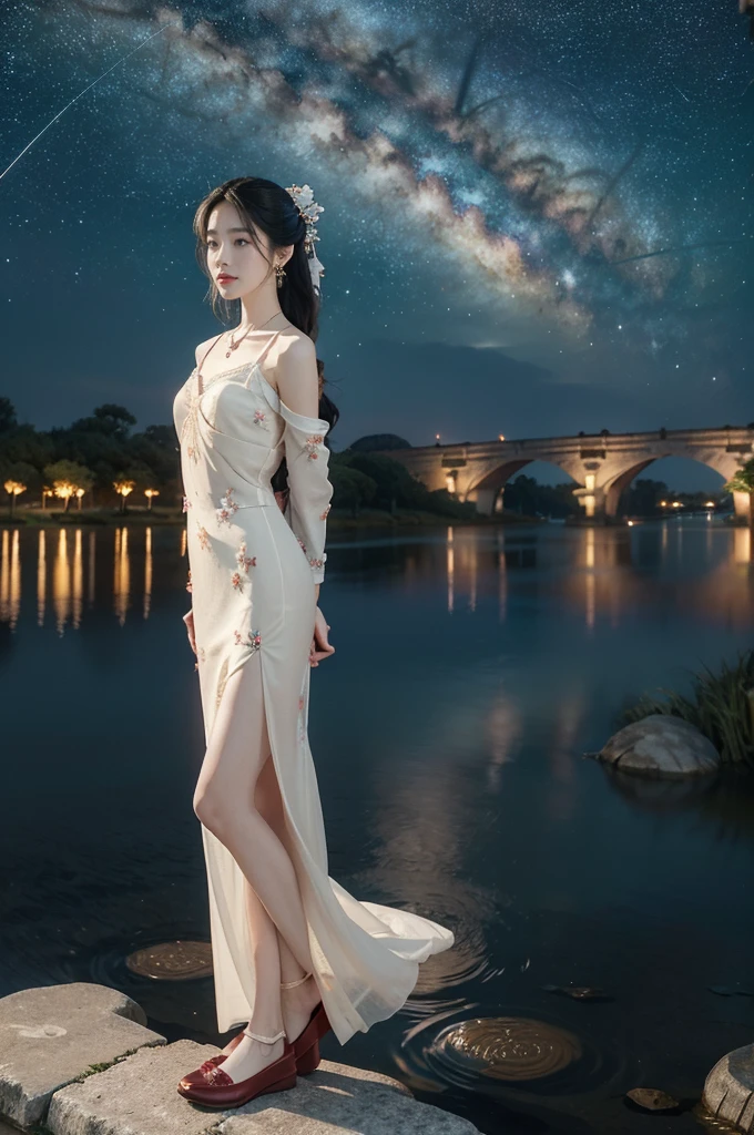 (((best quality))),(((ultra detailed))),(((masterpiece))),illustration,((1 beautiful girl,solo)),(shoulder length straight hair:1.2),((earrings,necklace)),((slim,thin)),((small breasts,flat chest)),(gorgeous sheer red Hanfu:1.5),(slender legs:1.2),(loafers:1.2),(standing:1.3),(arms behind back:1.5),(on the stone arch bridge:1.3),((starry sky,the Milky Way,horizon)),elegance, grace, sophisticated updo, delicate hairpins, twinkling stars, radiant smile, bright eyes, wonder, beauty of the night sky, intricate patterns, flowers, birds, vibrant colors, ethereal, enchanting, old bridge, weathered, sturdy, natural surroundings, serene, peaceful atmosphere, rippling water, stars, graceful silhouette, magic, tranquility, twinkling stars, mesmerizing canopy of light, cool air, crisp, faint scent of blooming flowers, contemplation, admiration, ancient China, timeless, rich culture, traditions, captivating, enchanting atmosphere, myth, legend,((from front,full body))