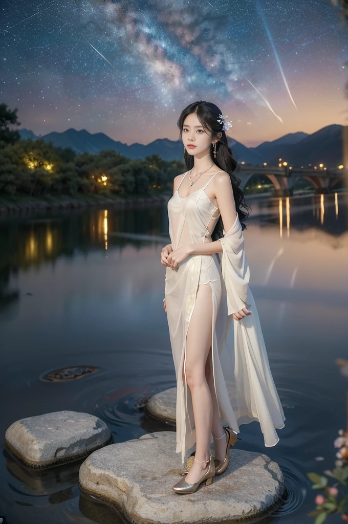(((best quality))),(((ultra detailed))),(((masterpiece))),illustration,((1 beautiful girl,solo)),(shoulder length straight hair:1.2),((earrings,necklace)),((slim,thin)),((small breasts,flat chest)),(gorgeous sheer red Hanfu:1.5),(slender legs:1.2),(loafers:1.2),(standing:1.3),(arms behind back:1.5),(on the stone arch bridge:1.3),((starry sky,the Milky Way,horizon)),elegance, grace, sophisticated updo, delicate hairpins, twinkling stars, radiant smile, bright eyes, wonder, beauty of the night sky, intricate patterns, flowers, birds, vibrant colors, ethereal, enchanting, old bridge, weathered, sturdy, natural surroundings, serene, peaceful atmosphere, rippling water, stars, graceful silhouette, magic, tranquility, twinkling stars, mesmerizing canopy of light, cool air, crisp, faint scent of blooming flowers, contemplation, admiration, ancient China, timeless, rich culture, traditions, captivating, enchanting atmosphere, myth, legend,((from front,full body))