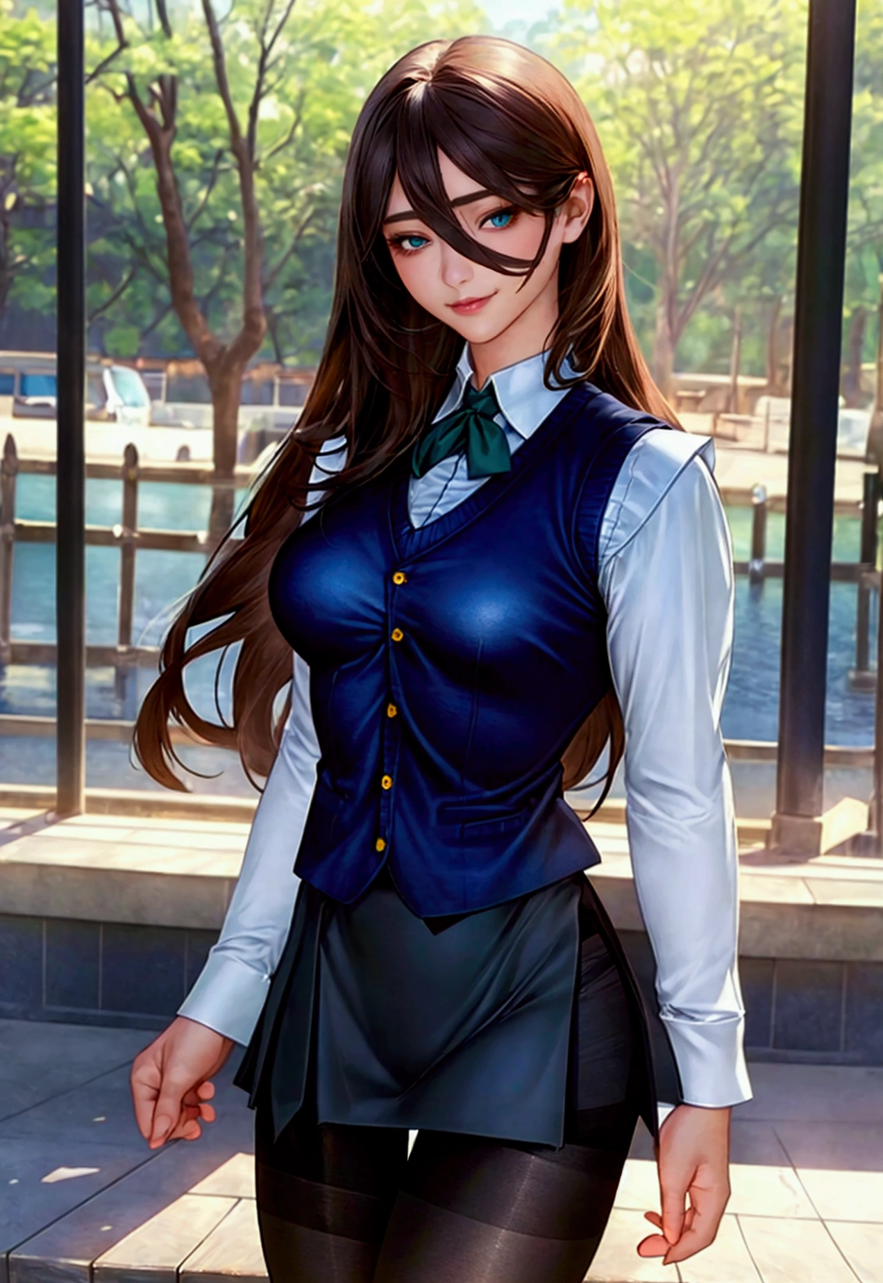 (masterpiece:1.2, Highest quality), (Realistic, photoRealistic:1.4), Beautiful illustrations, (Natural Side Lighting, Cinema Lighting), View your viewers, Cowboy Shot, Front view:0.6, 1 girl, Japanese, OL, Perfect Face, Cute and symmetrical face, Glowing Skin, (lLong hair:1.4, Straight hair:1.7, Brown Hair), Hair between the eyes, Emerald green eyes, Long eyelashes, (Large Breasts:0.9, Thick thighs), Beautiful Hair, Beautiful Face, Beautiful attention to detail, Beautiful clavicle, Beautiful body, Beautiful breasts, Beautiful thighs, Beautiful feet, Beautiful fingers, ((White collared shirt with long sleeves, dark blue suit vest:1.4, Dark blue tight skirt:1.4, Black Pantyhose:1.3)), High heels, (Beautiful views), evening, River side, walk, Place your hand on your chest, (Cute smile, Upward glance),