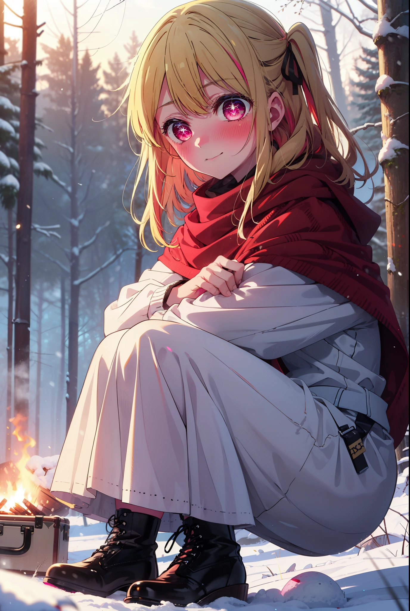 rubyhoshino, Hoshino Ruby, Long Hair, bangs, blonde, (Pink Eyes:1.3), Side Lock, (Symbol-shaped pupil:1.5), Multicolored Hair, Two-tone hair, smile,,smile,blush,white breath,
Open your mouth,snow,Ground bonfire, Outdoor, boots, snowing, From the side, wood, suitcase, Cape, Blurred, , forest, White handbag, nature, Squat, Mouth closed, Cape, winter, Written boundary depth, Black shoes, red Cape break looking at viewer, Upper Body, whole body, break Outdoor, forest, nature, break (masterpiece:1.2), Highest quality, High resolution, unity 8k wallpaper, (shape:0.8), (Beautiful and beautiful eyes:1.6), Highly detailed face, Perfect lighting, Highly detailed CG, (Perfect hands, Perfect Anatomy),