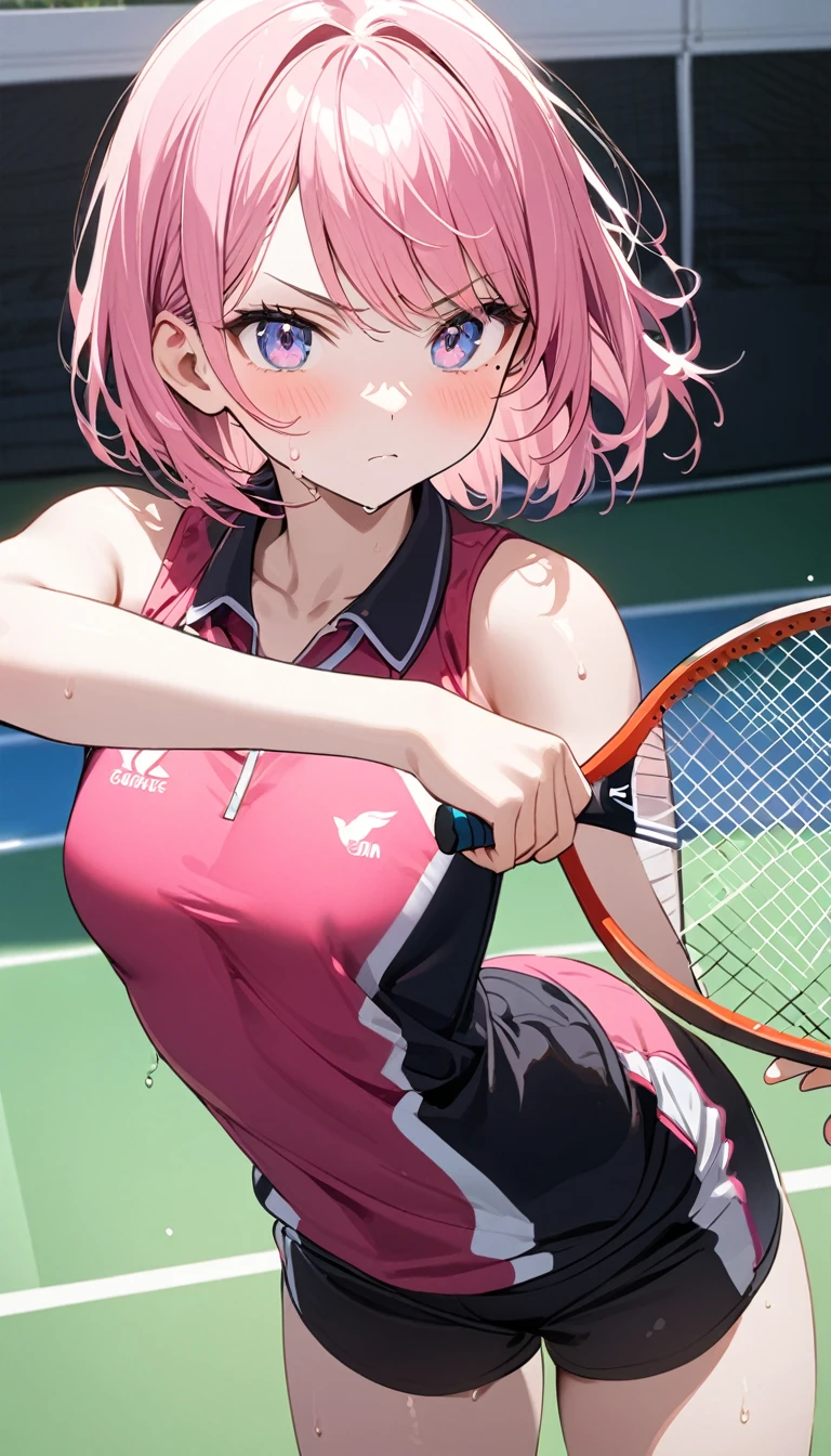 (1 girl),(Best Picture Quality, 8K, Masterpiece:1.3), (high school student:1.5), ((pink lob hair:1.1)), (bob cut),(swept bangs), (cute eyes, pupil black, iris skyblue, youthful face), (mole under right eye), (standard weight), (small breasts),(big hip), (glistening skin:1.2),(pale skin:1.2),(serious:1.3),(Badminton), ((racket:1.1)), (badminton uniform), (dynamic moving,:1.2),(Uplifting),(Badminton court),(sweat:1.1),(magnificent view)