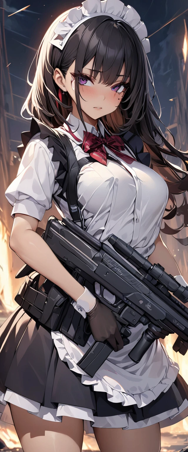 (Perfect Anatomy)、Mastepiece、Ultra High Quality、 8k、masterpiece、Highest quality、Ultra-high resolution、Maximum resolution、Very detailed、Professional Lighting、anime、woman、thin、Very beautiful face、Very beautiful eyes、(Highly detailed eye)、Highly detailed face, high school girl、Maid clothes、Equipped with an assault rifle, (((SCAR-L ))), Red Eye、Black Hair、Long hangerless gloves、Red glasses、Join the battlefield alone、Holding a gun with both handerciless attack, (((hold a gun and take aim)))