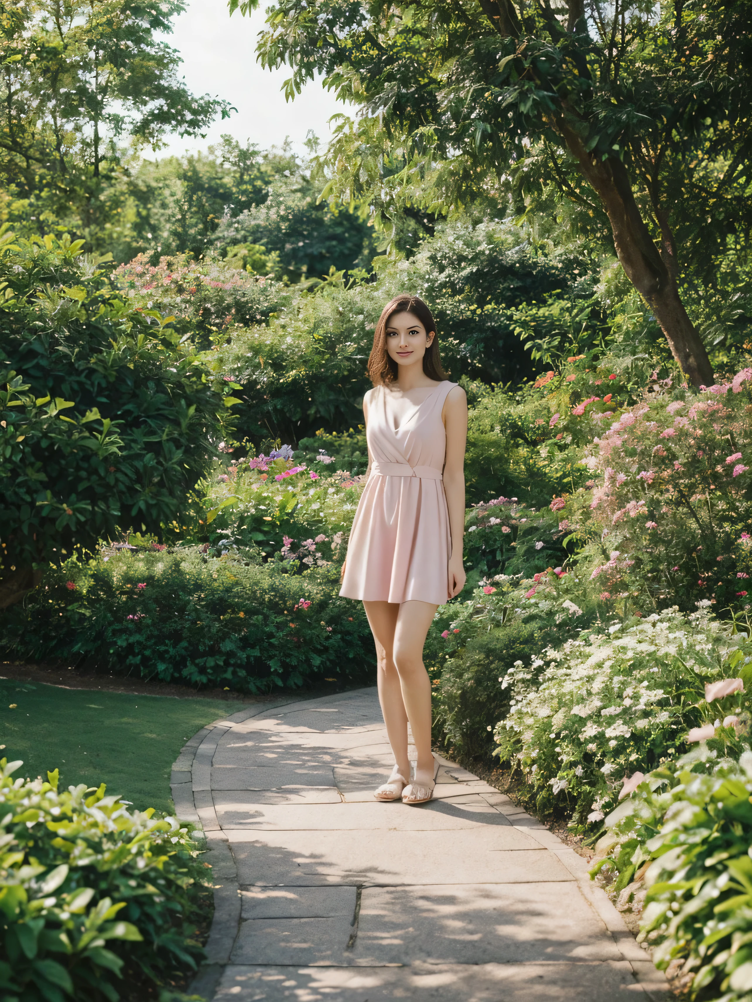 her name is Elle, high quality, 1girl, ((20-year-old fit Caucasian woman)), ((20 years old)), ((fit)), ((pale skin)), short length straight dark hair , wearing Pastel Pink Tie-Front Cutout Dress, pose: standing, background: Describe the tranquil setting of a botanical garden in the heart of a city, with winding paths leading through lush greenery, vibrant flowerbeds, and visitors enjoying the peaceful environment.