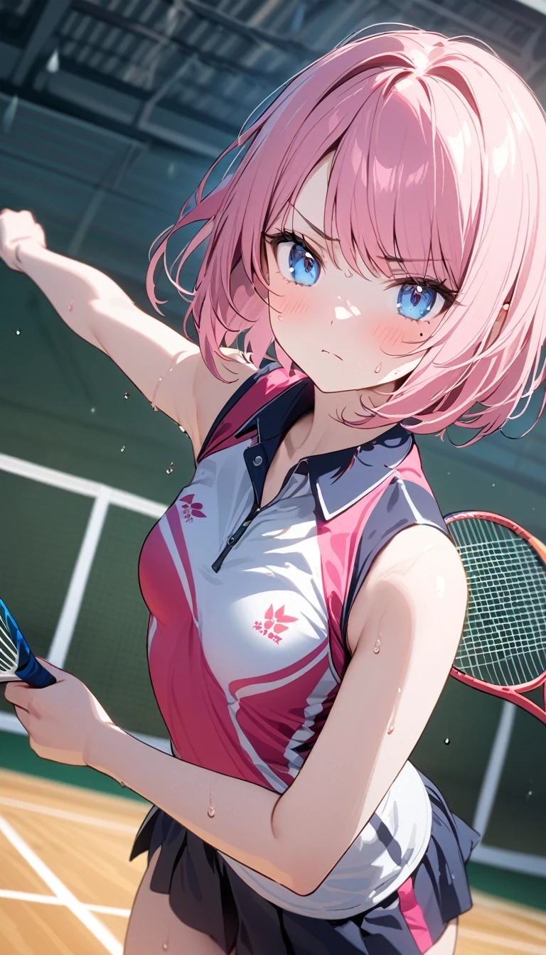 (1 girl),(Best Picture Quality, 8K, Masterpiece:1.3), (high school student:1.5), ((pink lob hair:1.1)), (bob cut),(swept bangs), (cute eyes, pupil black, iris skyblue, youthful face), (mole under right eye), (standard weight), (small breasts),(big hip), (glistening skin:1.2),(pale skin:1.2),(serious:1.3),(Badminton), ((racket:1.1)), (badminton uniform), (dynamic moving,:1.2),(Uplifting),(Badminton court),(sweat:1.1),(magnificent view)
