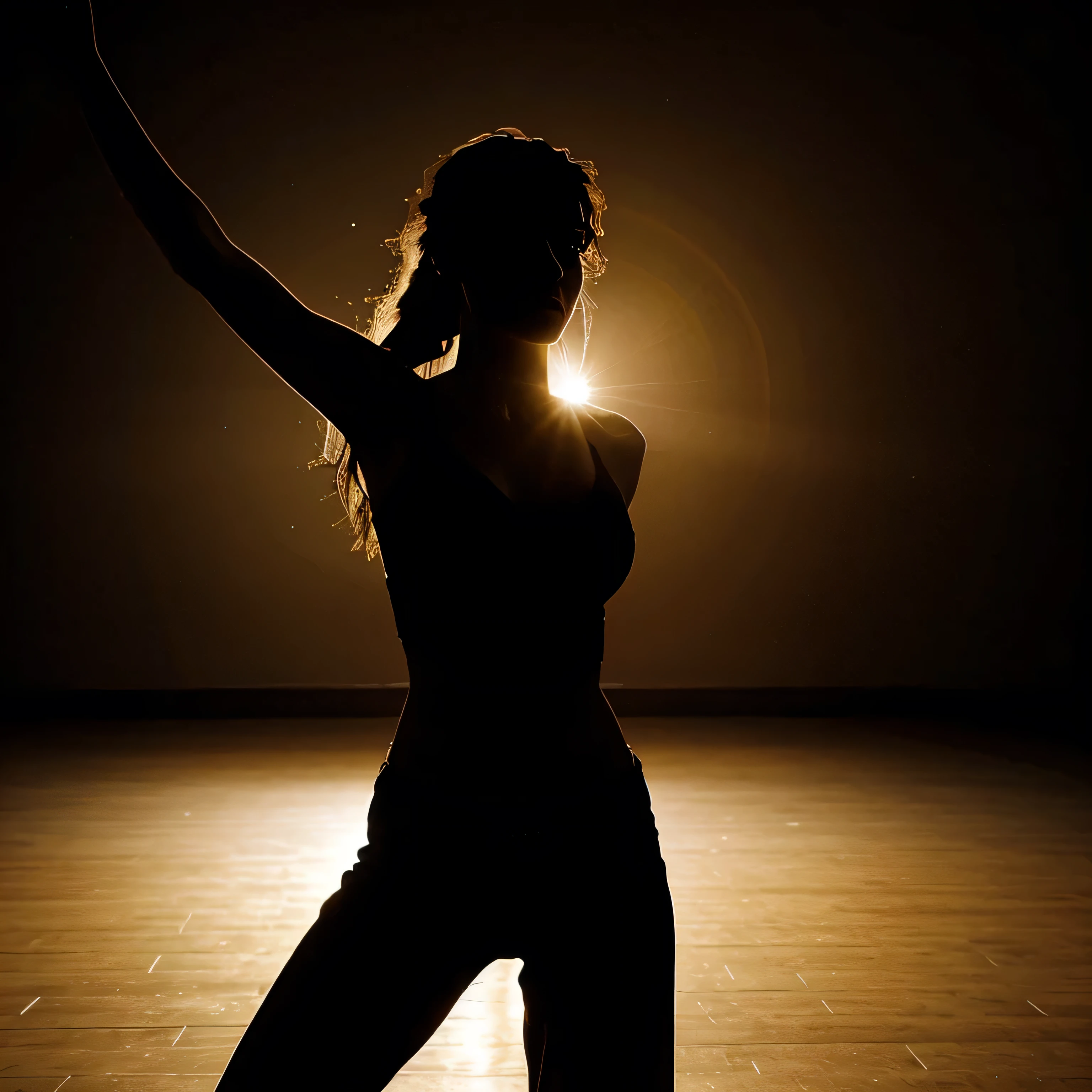 Create cover art for a song called "dance, dance" In the image the silhouette of a beautiful woman appears on an 80&#39;s dance floor with a shining disco ball