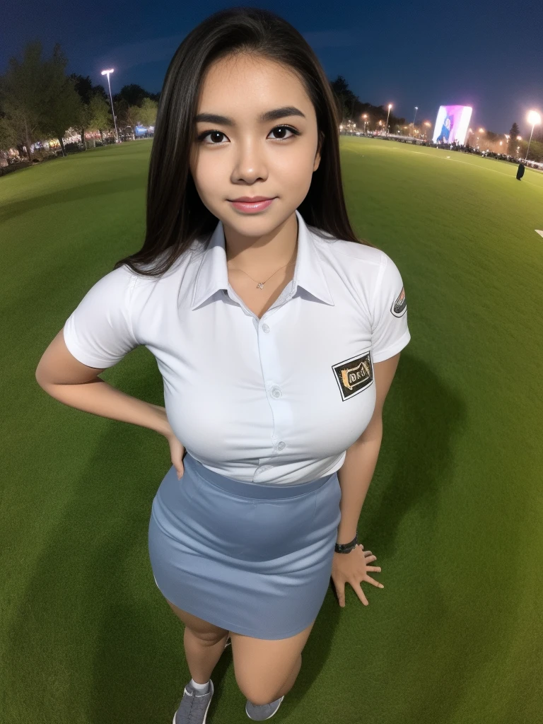 1girl, solo, (uniform), standing, outdoors, Night view, Metropolitan city scenery at the background, (ultra wide angle shot: 1.4), beautiful scenery, detailed face, detailed eyes, thick breasts, smooth detailed skin, tight white shirt, grey blue short skirt, looking at the audience, low angle shot,(8k, RAW photo, best quality, masterpiece: 1.2), (realistic, realistic: 1.37), ultra-high resolution