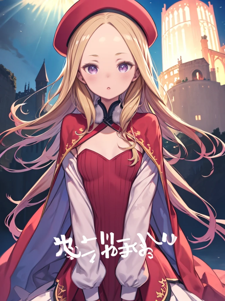 One Girl、Small breasts、Red Beret、Blonde Hair、long hair、Purple Eyes、amount、Forehead、Red dress、Red Cape、Long sleeve、(Rabbit tail accessory on chest)、Upper Body、△ Mouth、Watching the audience、Nordic Village、Fantasy、blue sky、White tights、