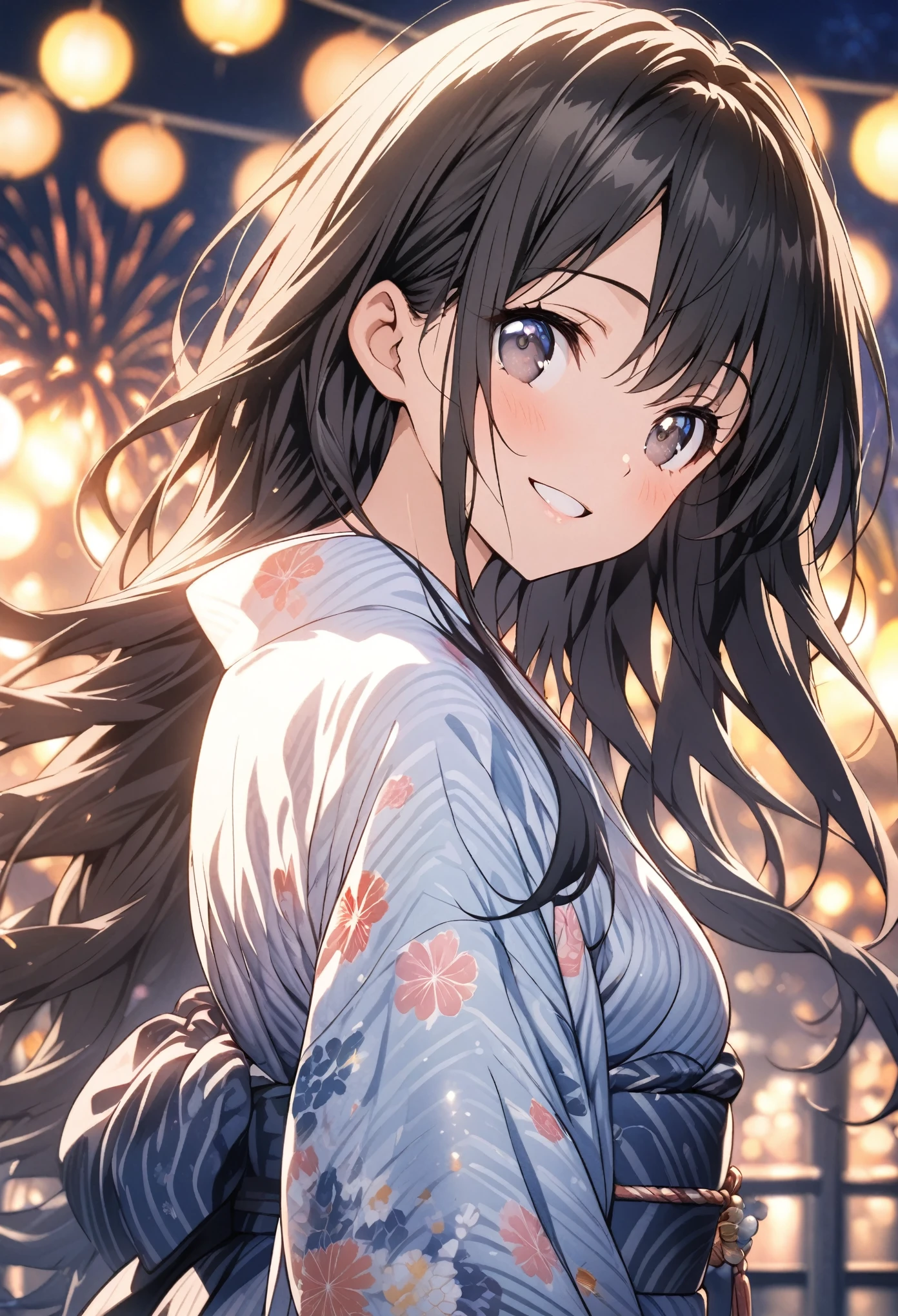 masterpiece, Highest quality, Highly detailed CG Unity 8k wallpaper, High School Girl Anime Illustration. Please wear a yukata、She looks up at the sky with sparkling eyes、She's opening her mouth, smile. The background is a light pastel colored landscape., 1girl,long hair,Black hair,Black eyes, Cowboy Shot、night, Lots of fireworks, bokeh photography, (soft focus):1.2, out-of-focus highlights, dreamy ambiance, glowing circles, mesmerizing depth