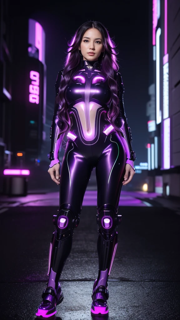 8k, ultra high resolution, Masterpiece, best quality, 1girl, extremely beautiful, ((purple wavy hair)), purple eyes, fit body, ((luminous futuristic cyberpunk suit)), ((full body)), posing in the middle, symmetrical pose, futuristic city in the background, from below, realistic skin textures, realistic reflection details, octane rendering, volumetric lights, backlight,