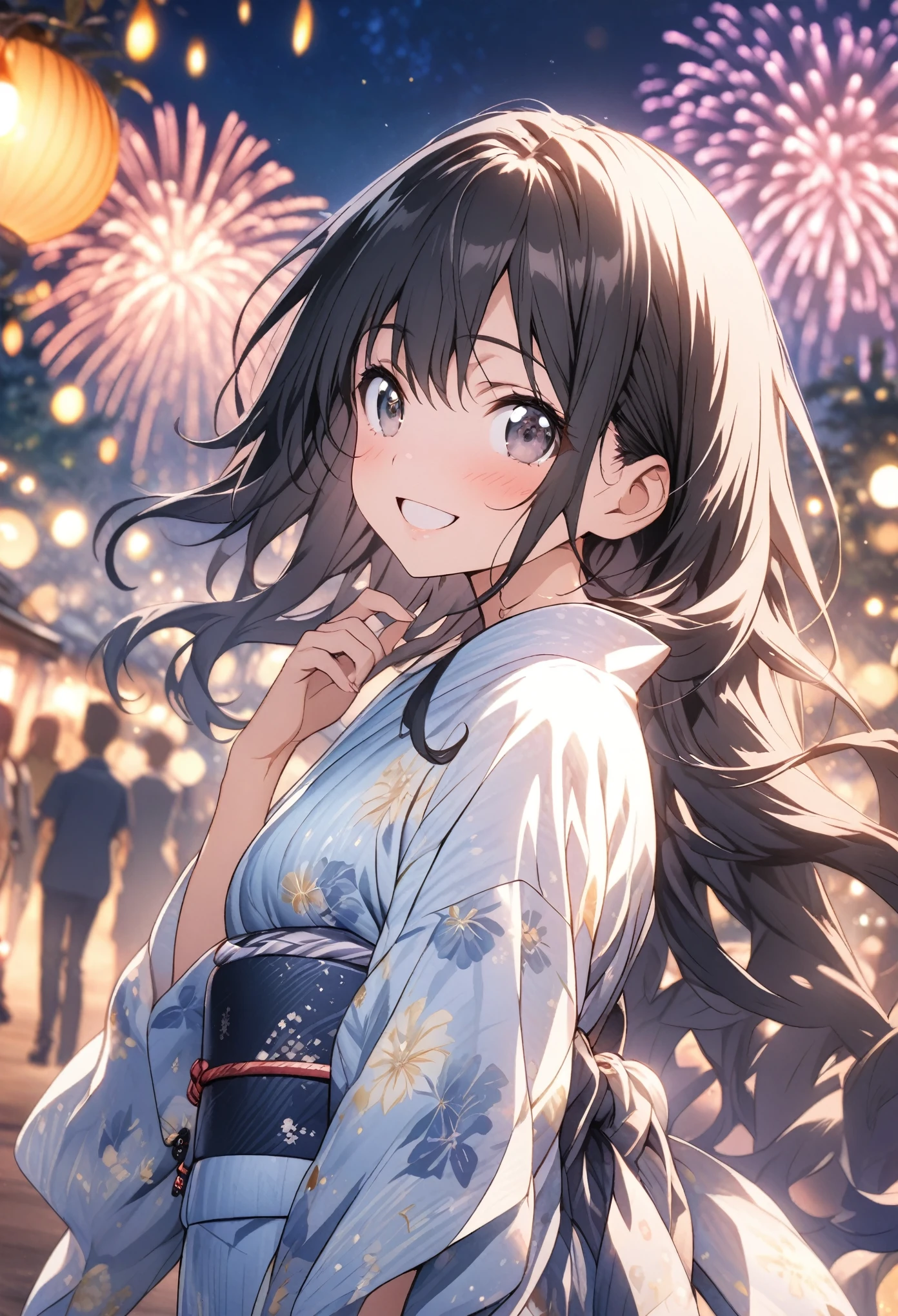 masterpiece, Highest quality, Highly detailed CG Unity 8k wallpaper, High School Girl Anime Illustration. Please wear a yukata、She looks up at the sky with sparkling eyes、She's opening her mouth, smile. The background is a light pastel colored landscape., 1girl,long hair,Black hair,Black eyes, Cowboy Shot、night, Lots of fireworks, bokeh photography, (soft focus):1.2, out-of-focus highlights, dreamy ambiance, glowing circles, mesmerizing depth