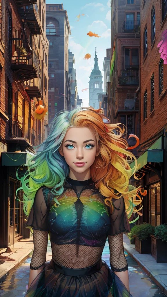 Mature age girl, curly blonde rainbow coloured hair, ((black mesh see through transparent top)), tutu skirt, fishnet stockings, ((naked)), small perfect breasts, ((goldfish floating in the air)), Caucasian, ((one blue eye, one green eye)), smile