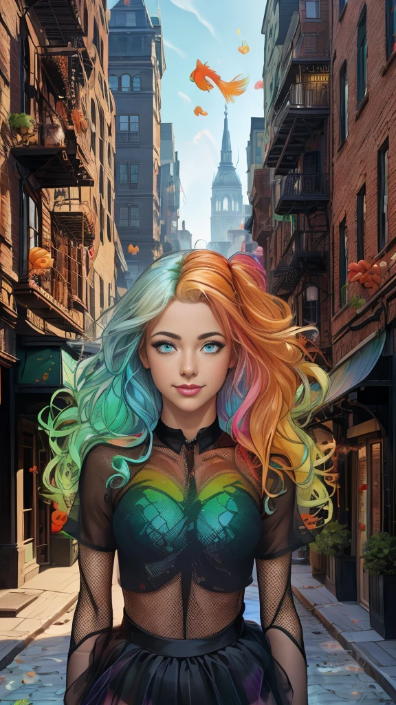Mature teenage girl, curly blonde rainbow coloured hair, ((black mesh see through transparent top)), tutu skirt, fishnet stockings, ((naked)), small perfect breasts, ((goldfish floating in the air)), Caucasian, ((one blue eye, one green eye)), smile