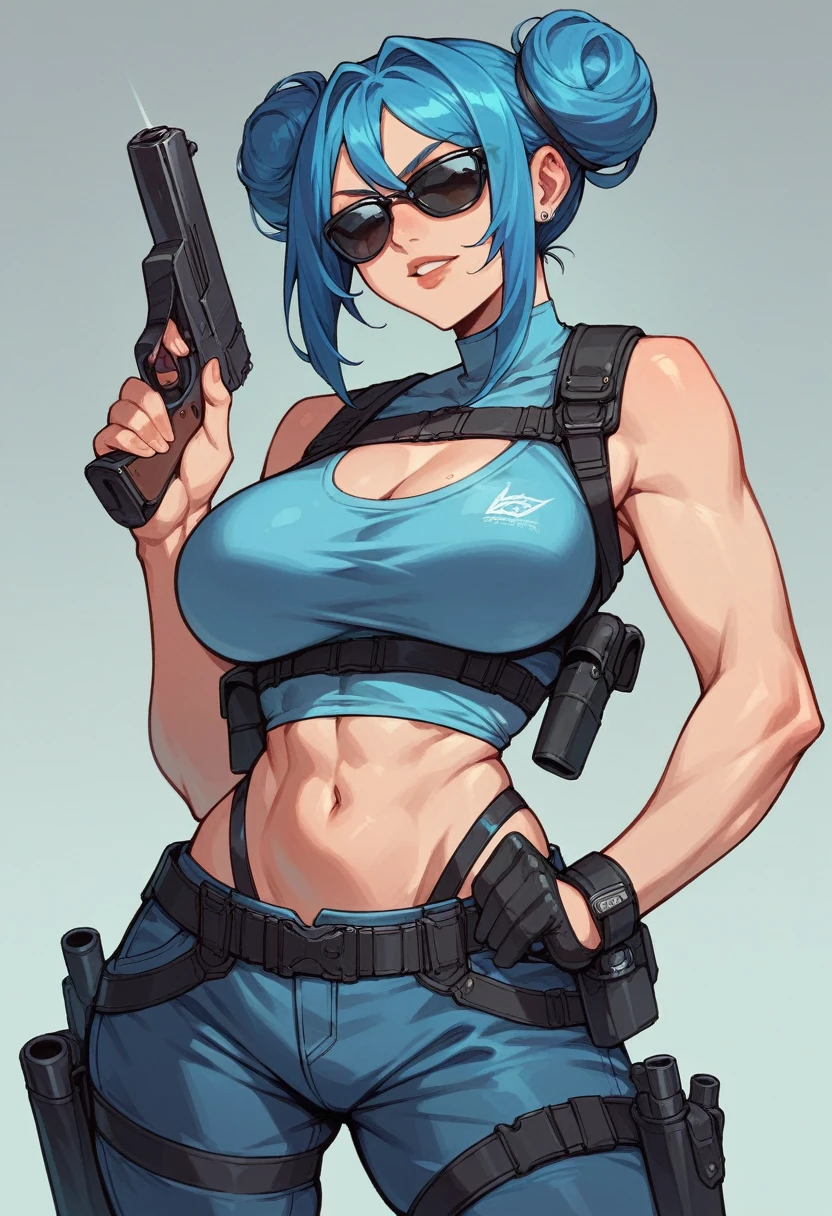 beautyfull woman, blue buns hair, blue hair, black secret agent suit, holsters, sexy, milf, slender, holding guns, black sunglasses
