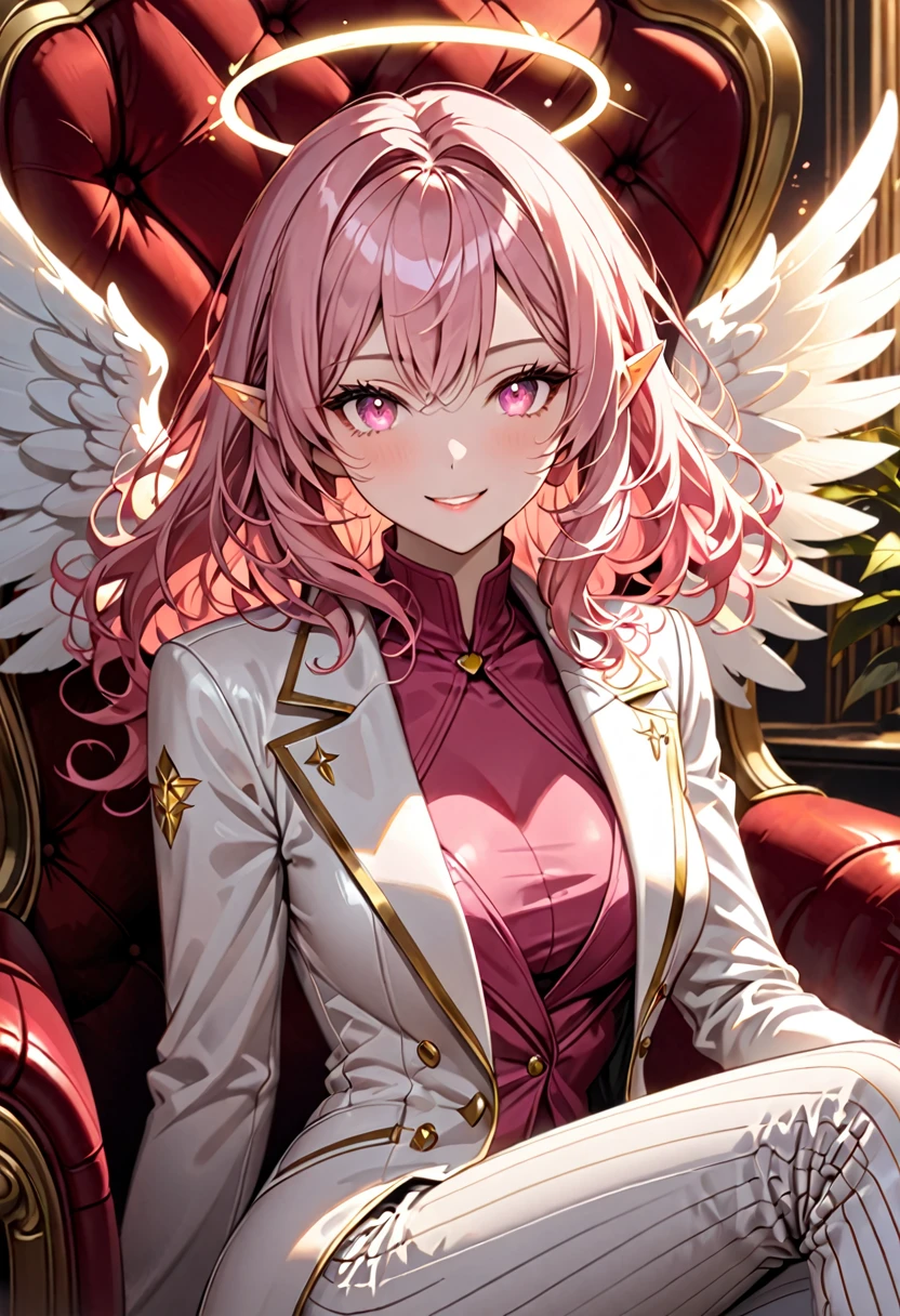 solo, female, short pink hair, wavy hair, short pointed ears, glowing pink eyes, medium breasts, tall, white male business suit, pink shirt, white wings, pinstripe suit, pinstripe pants, friendly smile, luxurious, red leather sofa chair, velvet, curvaceous, warm, close up, fur collar jacket:1.4, smoky atmosphere, glowing golden halo, angel girl