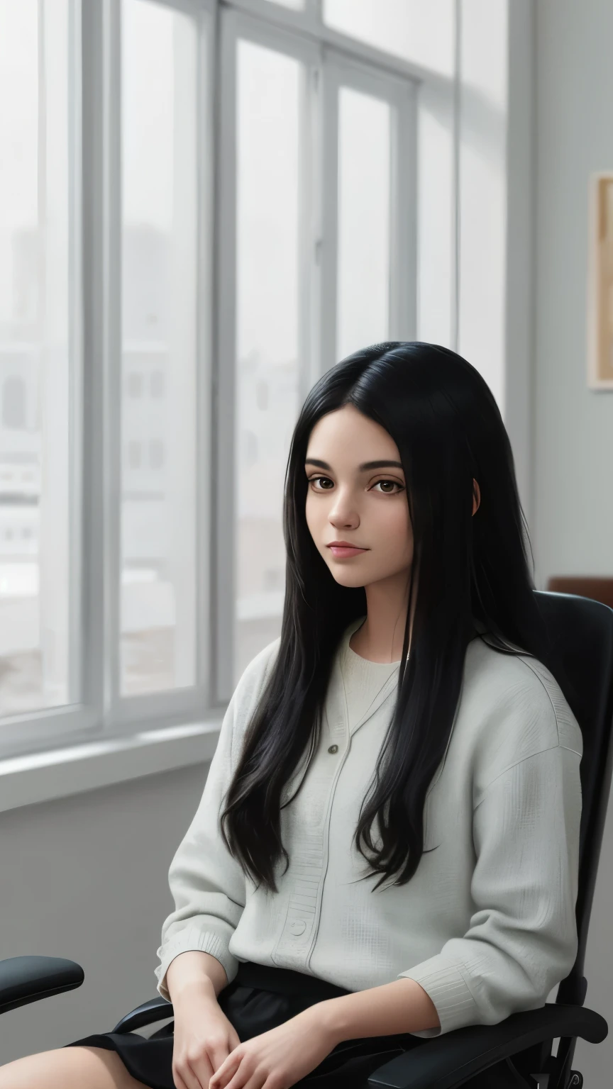 ((best quality)), ((masterpiece)), (detailed), A digital illustration of a long black haired young women sitting in a chair and looking relaxed in a hospital setting