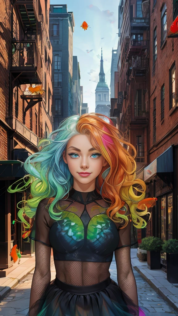 Mature teenage girl, curly blonde rainbow coloured hair, ((black mesh see through transparent top)), tutu skirt, fishnet stockings, ((naked)), small perfect breasts, ((goldfish floating in the air)), Caucasian, ((one blue eye, one green eye)), smile