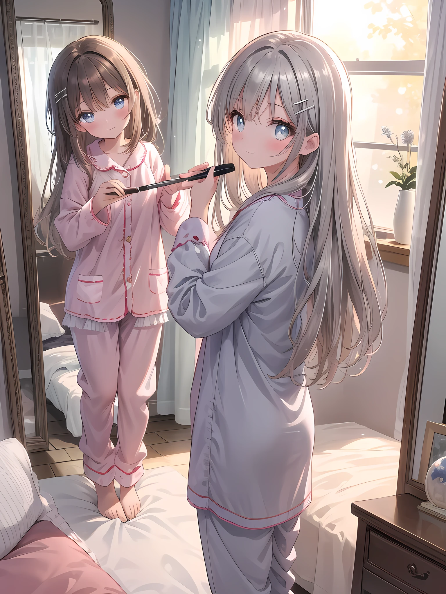 ((8k, best quality, master piece: 1.3)),super high resolution,(1 girl, solo), (colorshift eyes, hyperdetailed, expressive sparkling, glitter, glowing eyes), ultra detailed eyes, ultra-detailed face, random hair, ((silver gray color)),Draw a scene of a 15-year-old girl standing in front of a mirror getting ready for the morning in a brightly lit bedroom at home. The girl has medium-long brown hair, soft skin, bright eyes, and cute pajamas. She uses a brush and hair clip to style her hair, and has a happy, slightly nervous expression. She is posed in front of the mirror, smiling as she brushes her hair. The background is a simple, tidy bedroom at home, with morning light streaming in through the window, softly lighting the room. Props include a mirror, brush, hair clip, dresser, and bed, and are in bright, warm colors that depict the soft texture of the pajamas and the reflection in the mirror. The camera angle should be either through the mirror or from a frontal perspective that includes the entire bedroom.