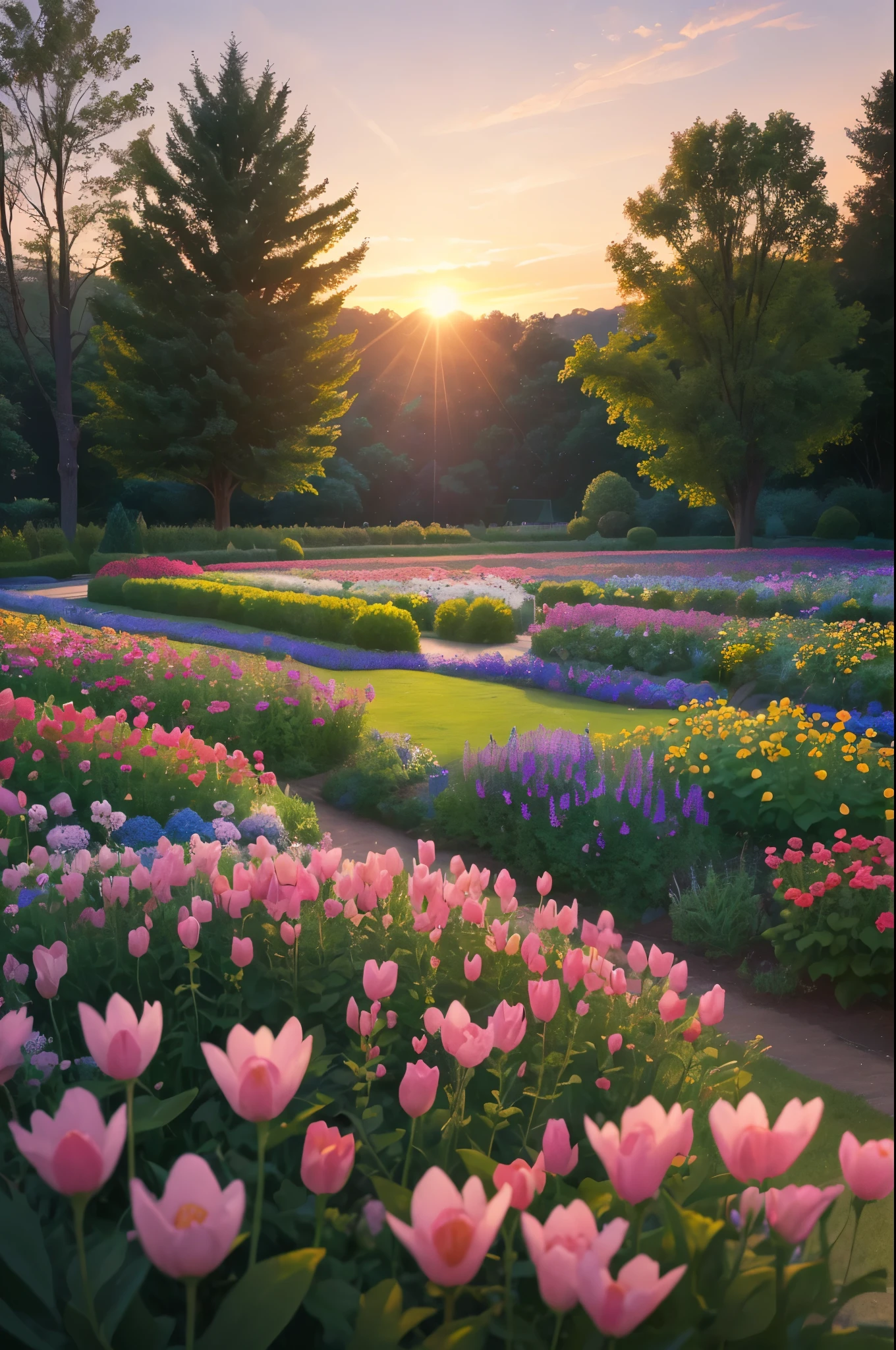 arafed view of a field of flowers with a sunset in the background, flower garden summer morning, beautiful border, in a cottagecore flower garden, cottagecore flower garden, lush flowery outdoors, incredibly beautiful, beautiful setting, beautiful lush colors, beautiful garden, flower garden, beautiful scene, flowers garden, very very beautiful!