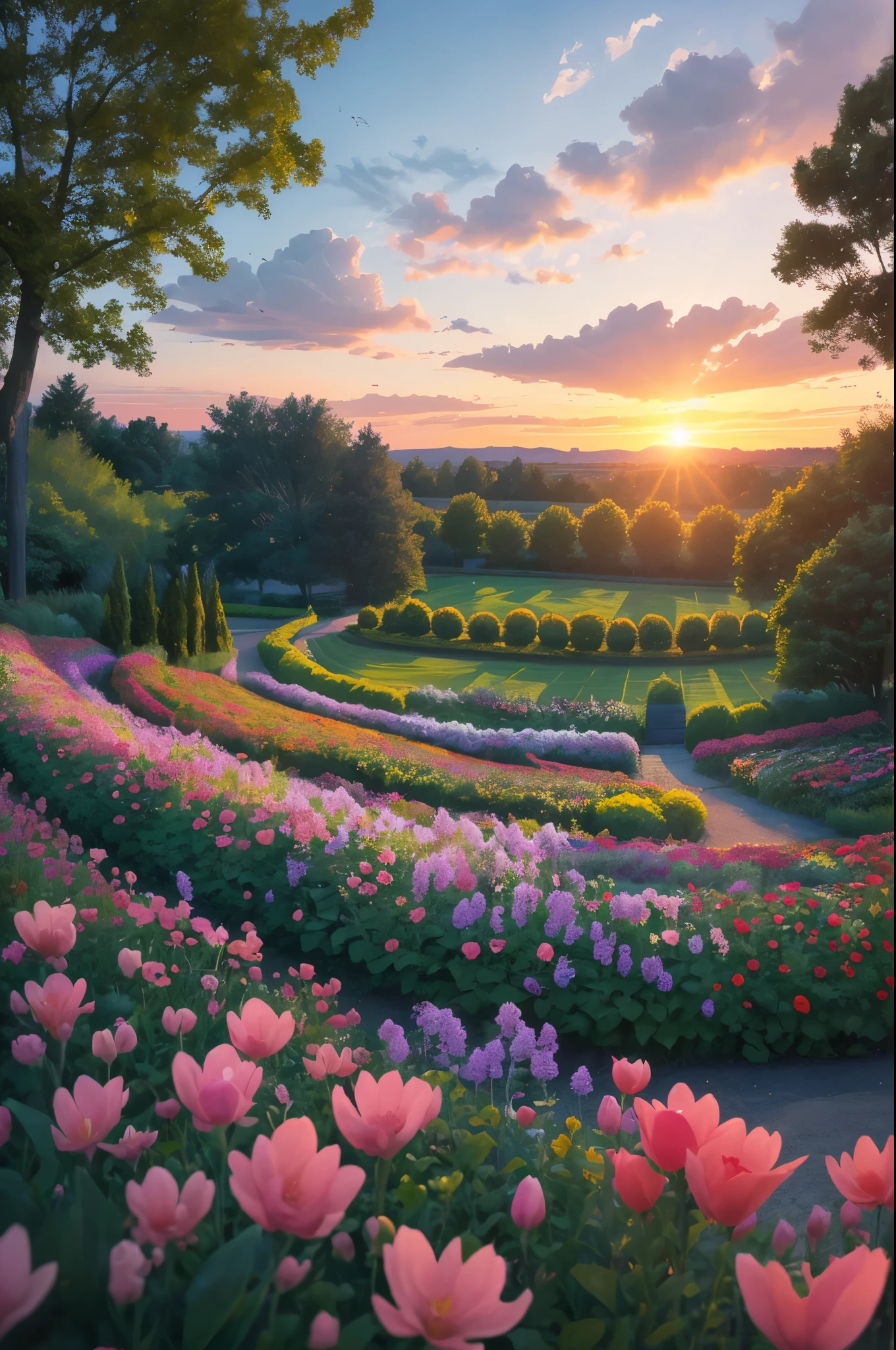 arafed view of a field of flowers with a sunset in the background, flower garden summer morning, beautiful border, in a cottagecore flower garden, cottagecore flower garden, lush flowery outdoors, incredibly beautiful, beautiful setting, beautiful lush colors, beautiful garden, flower garden, beautiful scene, flowers garden, very very beautiful!