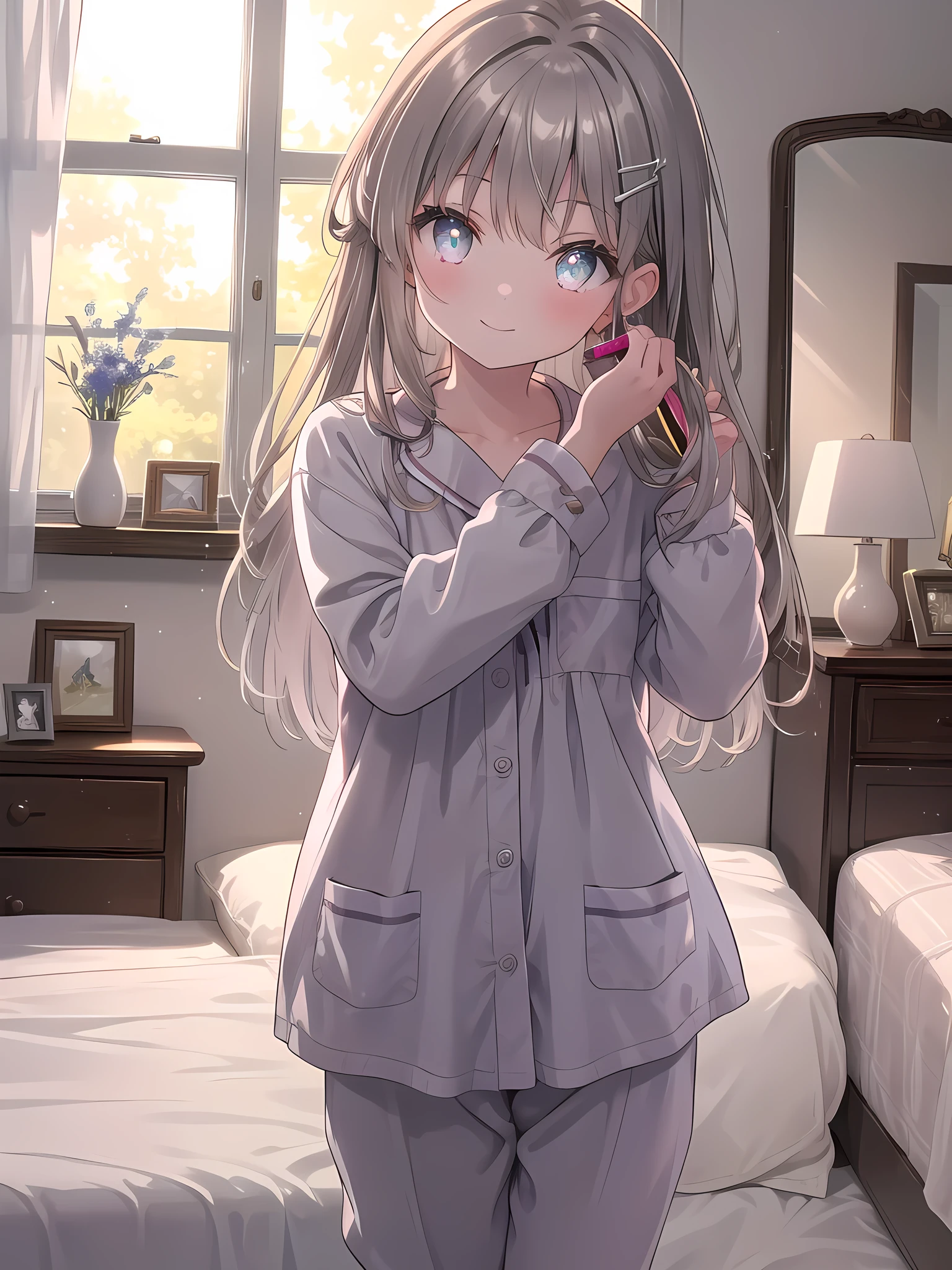 ((8k, best quality, master piece: 1.3)),super high resolution,(1 girl, solo), (colorshift eyes, hyperdetailed, expressive sparkling, glitter, glowing eyes), ultra detailed eyes, ultra-detailed face, random hair, ((silver gray color)),Draw a scene of a 15-year-old girl standing in front of a mirror getting ready for the morning in a brightly lit bedroom at home. The girl has medium-long brown hair, soft skin, bright eyes, and cute pajamas. She uses a brush and hair clip to style her hair, and has a happy, slightly nervous expression. She is posed in front of the mirror, smiling as she brushes her hair. The background is a simple, tidy bedroom at home, with morning light streaming in through the window, softly lighting the room. Props include a mirror, brush, hair clip, dresser, and bed, and are in bright, warm colors that depict the soft texture of the pajamas and the reflection in the mirror. The camera angle should be either through the mirror or from a frontal perspective that includes the entire bedroom.