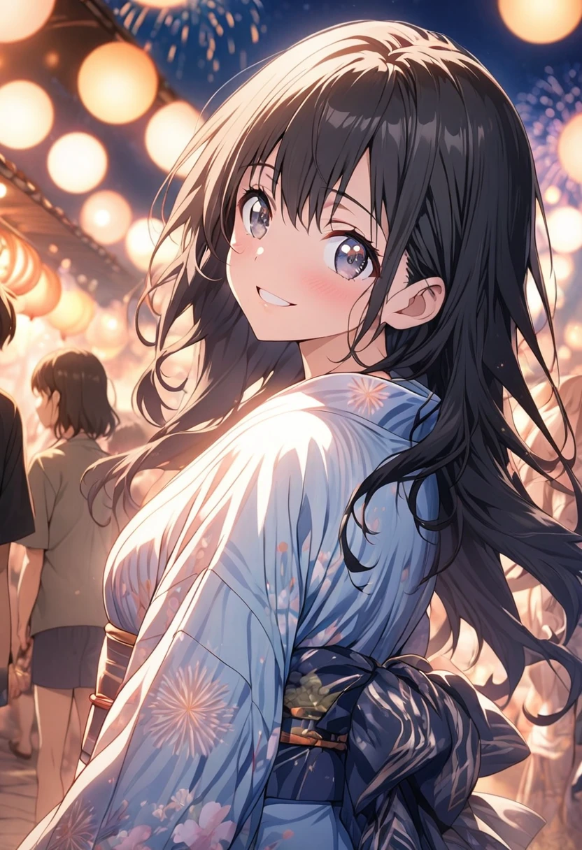 masterpiece, Highest quality, Highly detailed CG Unity 8k wallpaper, High  Girl Anime Illustration. Please wear a yukata、She looks up at the sky with sparkling eyes、She's opening her mouth, smile. The background is a light pastel colored landscape., 1girl,long hair,Black hair,Black eyes, Cowboy Shot、night, Lots of fireworks, bokeh photography, (soft focus):1.2, out-of-focus highlights, dreamy ambiance, glowing circles, mesmerizing depth, looking to the side