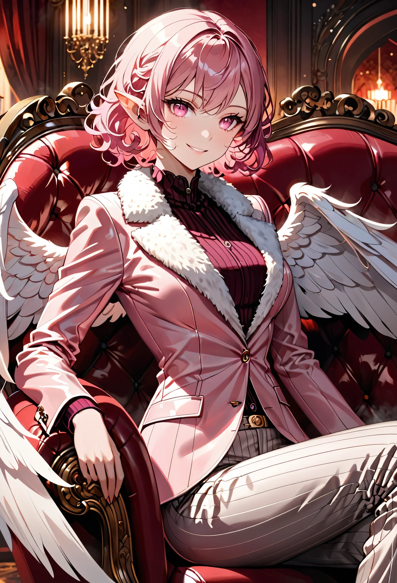 solo, female, short pink hair, curly hair, short pointed ears, glowing pink eyes, medium breasts, tall, white male business suit, pink shirt, white wings, pinstripe suit, pinstripe pants, friendly smile, luxurious, red leather sofa chair, velvet, curvaceous, warm, close up, fur collar jacket:1.4, smoky atmosphere