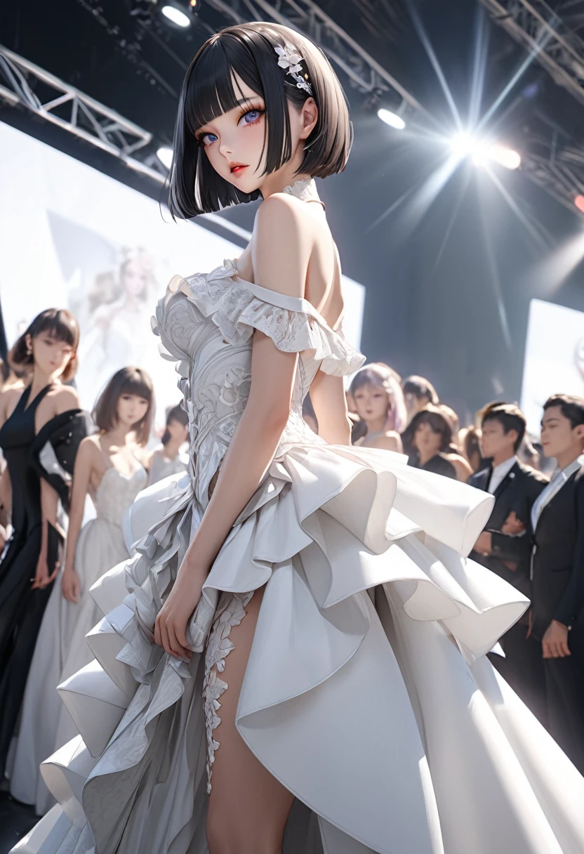 middle breasts,masterpiece: 1.2, highres, highest quality, 16k, ultra-realistic, photorealistic: 1.37, beautiful detailed, 1girl , solo, beautiful fashion model women, at avant-garde fashion show, Avant-garde fashion based on ruffles wedding dress, bare shoulder, hyper high slit, scenes of they pose on stage at fashion shows, beautiful posture, facial expressions, the way they walk, attractive poses, demeanor, full of confidence expression,short straight black bob, blunt bangs, detailed face and eyes, pupils, long eyelashes, full lips, beautiful posing, from side below, vibrant colors