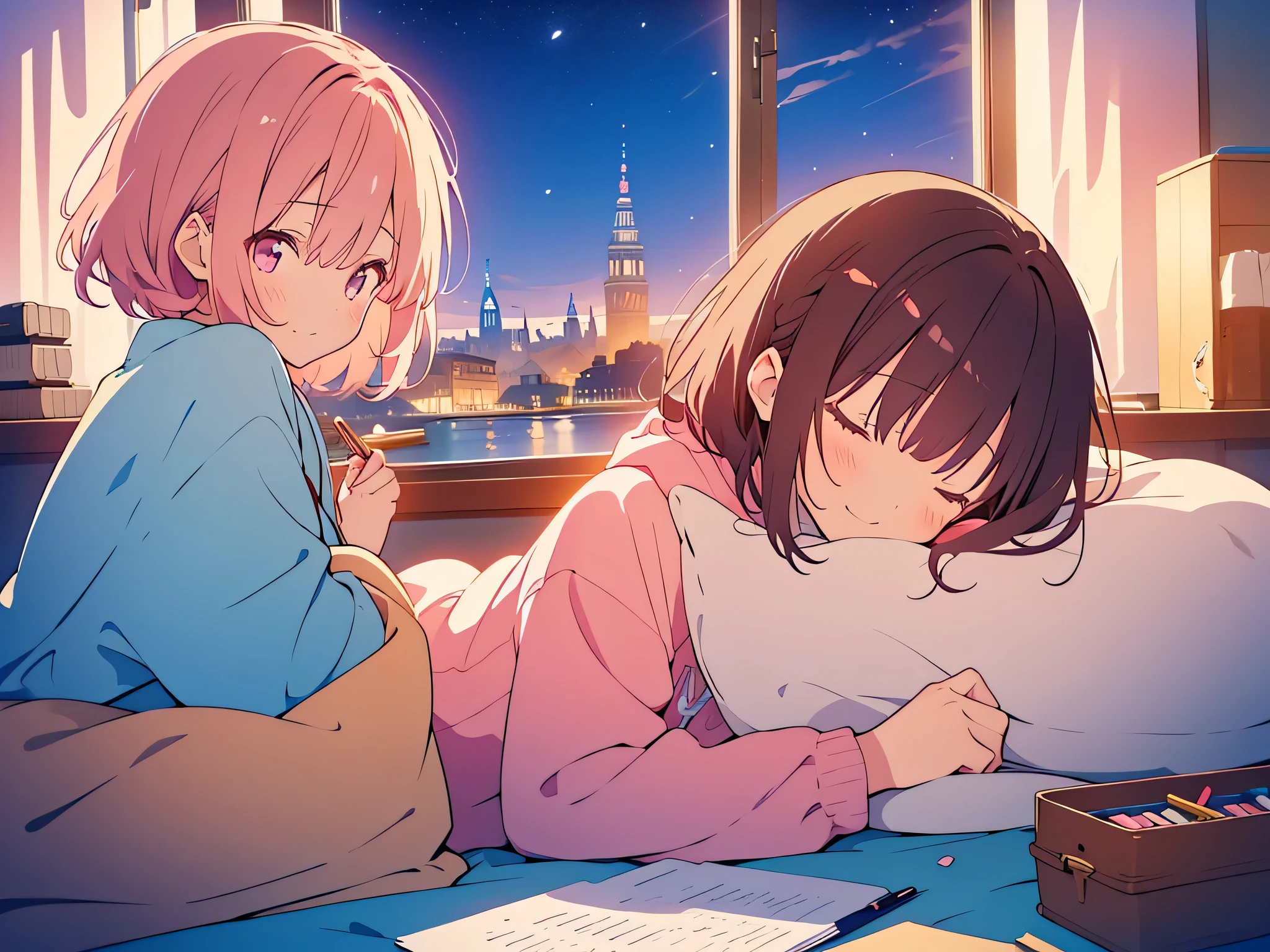 kawaii, anime, Cute, hyper quality, highly detailed, 8k, Clarity, Girl putting a blanket on the shoulders of a sleeping , soft atmosphere, Calm time, scattered notes, writing utensils, mug with drink, calm sleeping face, smile, window with open curtains, starry skies, Amsterdam cityscape, Draw two characters, two girls, Girl with bright pink smooth short hair, girl with long dark brown hair, put a blanket on the sleeping girl's shoulders, casual hoodie, pink hair, 