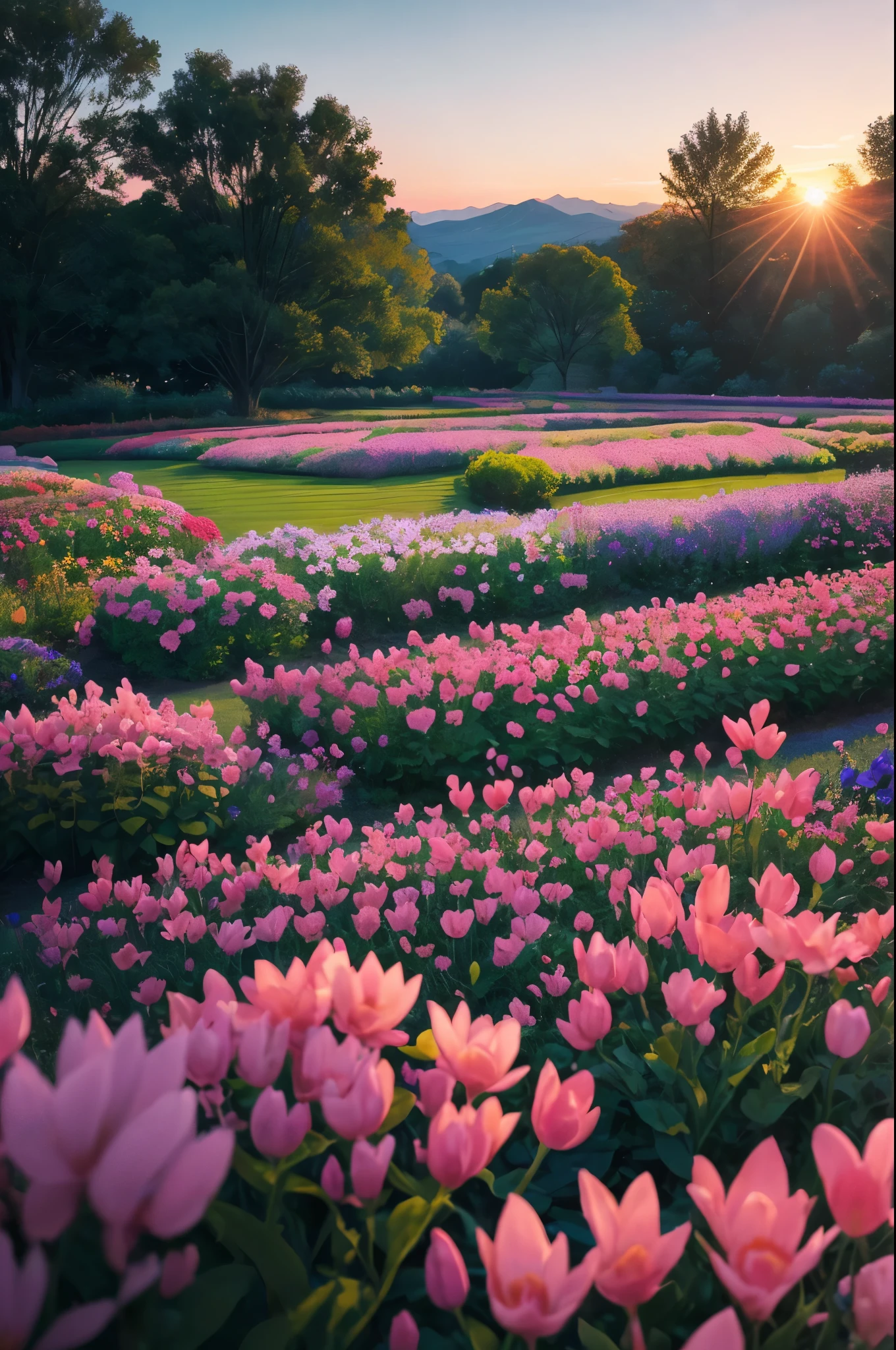 arafed view of a field of flowers with a sunset in the background, a pastel by Carol Bove, flickr, fine art, flower garden summer morning, beautiful border, in a cottagecore flower garden, cottagecore flower garden, lush flowery outdoors, incredibly beautiful, beautiful setting, beautiful lush colors, beautiful garden, flower garden, beautiful scene