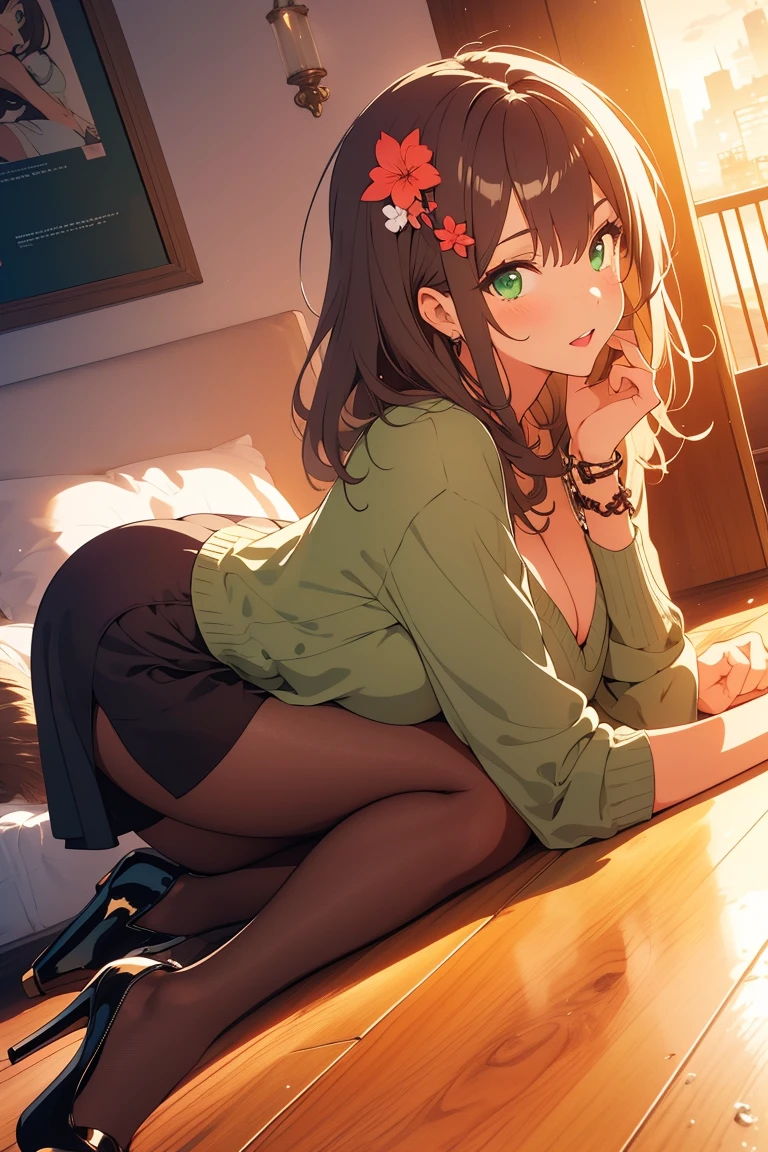 visual anime of a cute girl, best anime girl, Ecchi anime style, seductive lady, big ,long shiny brown hair ,detailed eyes and face,detailed lips,beautiful detailed eyes, green eyes, wearing a brown pencil miniskirt,  black high heels,   wearing low-cut blouse, khaki sweater,  hair ornament, in a seductive pose,  lying on the floor in profile, turning to see the viewer,  on a city street.
