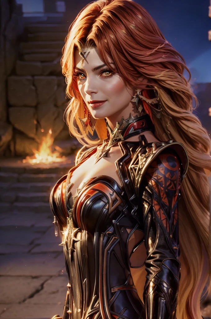 A adult girl in realistic portrait of high quality and detail, dark fantasy style, Mavuika (Genshin Impact), the sky is ablaze with bright flames in the background, depth of field, magic, big red lips, ((red and yellow eyes)), black and red full clothes, covered chest, mystical atmosphere, ominous shadows, Intense blue aura, Intense red aura (best quality:1.2), absurdres, intricate details, (highly detailed skin:1.2), smile expression, posing, taut and well defined body, attractive. Highly realistic, tanned skin, beautiful, hyperrealism, skin very elaborated, glow, eye shadow, 1girl, Depth & Perspective, smiling on her face, fine face, She is standing in the middle of the battle arena, outdoors, Aztec pyramid on the background, looking at viewer, (ultra-high detail:1.2), Masterpiece, Best Quality, Ultra-detailed, Cinematic lighting, 8K, delicate features, cinematic, 35 mm lens, f/1.9, highlight lighting, global lighting –uplight –v 4, cinematic, Cinematic lighting, 8K, high quality, Highest Quality, (Solo Focus), (extremly intricate:1.3), (Realistic), masterful, Analog style, (Film grain:1.5), (warm hue, cold tone),