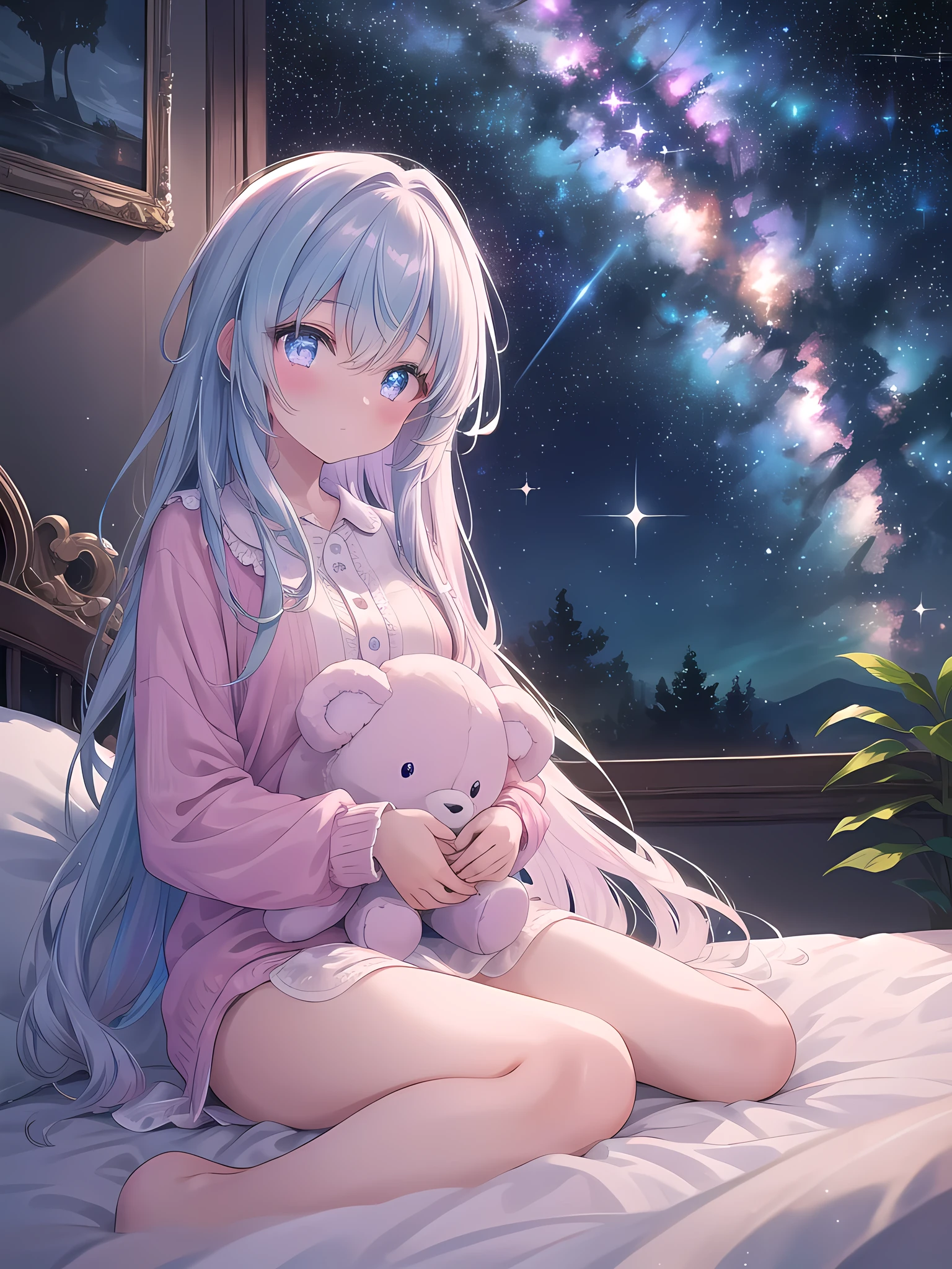 ((8k, best quality, master piece: 1.3)),super high resolution,(1 girl, solo), (colorshift eyes, hyperdetailed, expressive sparkling, glitter, glowing eyes), ultra detailed eyes, ultra-detailed face, random hair, ((pastel color)), Draw a 15 year old girl relaxing at home. The girl is in her pajamas, lounging in bed with a stuffed toy, exuding a calming bedroom atmosphere. The background features a starry window with indirect lighting and silk sheets. The camera angle should be from the perspective of the girl in bed. The color palette should have soft night tones and the sheen of the sheets, as well as the relaxed expression on the girl's face and the details of the stuffed toy.A mesmerizing scene illuminated by the light of countless stars and a prominent Milky Way galaxy. The stars create a sparkling effect across the sky, while the Milky Way adds a glowing band of light. The foreground is softly lit by the celestial light, creating a mystical and awe-inspiring atmosphere.
