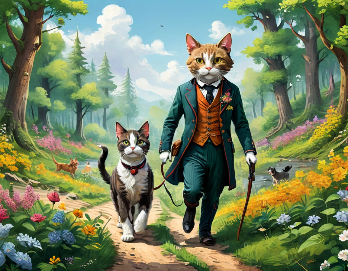 (Highest quality, Super detailed, Realistic: 1.37), Humorous, Cartoon style, Thick lines, children's storybook illustration, Bright colors,Two hunters, hunting rifles in hand, walk cautiously along a path through a flowering forest, while two hounds run frolicking around them, In the middle, an anthropomorphic human-sized cat is walking alongside wearing a 19th century suit, 