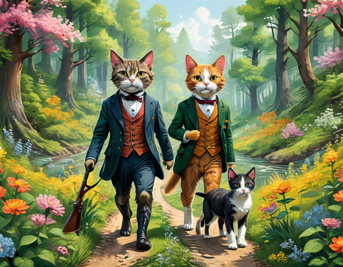 (Highest quality, Super detailed, Realistic: 1.37), Humorous, Cartoon style, Thick lines, children's storybook illustration, Bright colors,Two hunters, hunting rifles in hand, walk cautiously along a path through a flowering forest, while two hounds run frolicking around them, In the middle, an anthropomorphic human-sized cat is walking alongside wearing a 19th century suit,