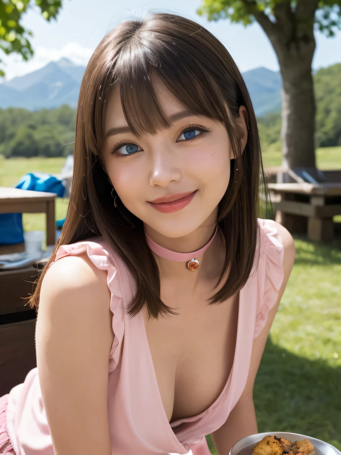(Highest quality, masterpiece:1.3, Ultra-high resolution), (Very detailed), (Realistic:1.4, RAW shooting), Very detailed,High resolution 16k, Human skin close-up, The skin texture is natural, It must be detailed enough to be easily identifiable, Skin should be healthy and even-toned, Use natural light and colour, ((Pink open neck shirt:1.4, Hunchback, Exposed breasts)), ((the body is slim)), girl, 18-year-old, cute, Straight Long Hair, Big Breasts, smile, Turn your body forward, (View from the front:1.1), Looking into the camera, focused on the chest, Light brown hair, ((Black choker)), Very long and bushy eyelashes, blue eyes, bangs, ((Food on a tray)), Big Breasts, Red lips, ,Happy expression, smile, Mountain、blue sky, camp site, summer