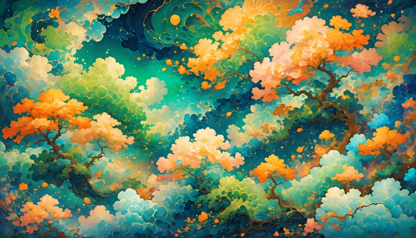 A mesmerizing digital art piece on a large, high-gloss canvas, featuring an abstract background teeming with a dynamic mix of organic shapes reminiscent of cellular structures, swirling clouds, and tender petals, set against a vibrant color palette that oscillates between electric blues, luminous greens, and warm golden hues, evoking a sense of celestial wonder and microscopic curiosity, with subtle texture and gradient effects that seem to shift and undulate like a living, breathing entity, as if the very fabric of reality is unfolding before our eyes.