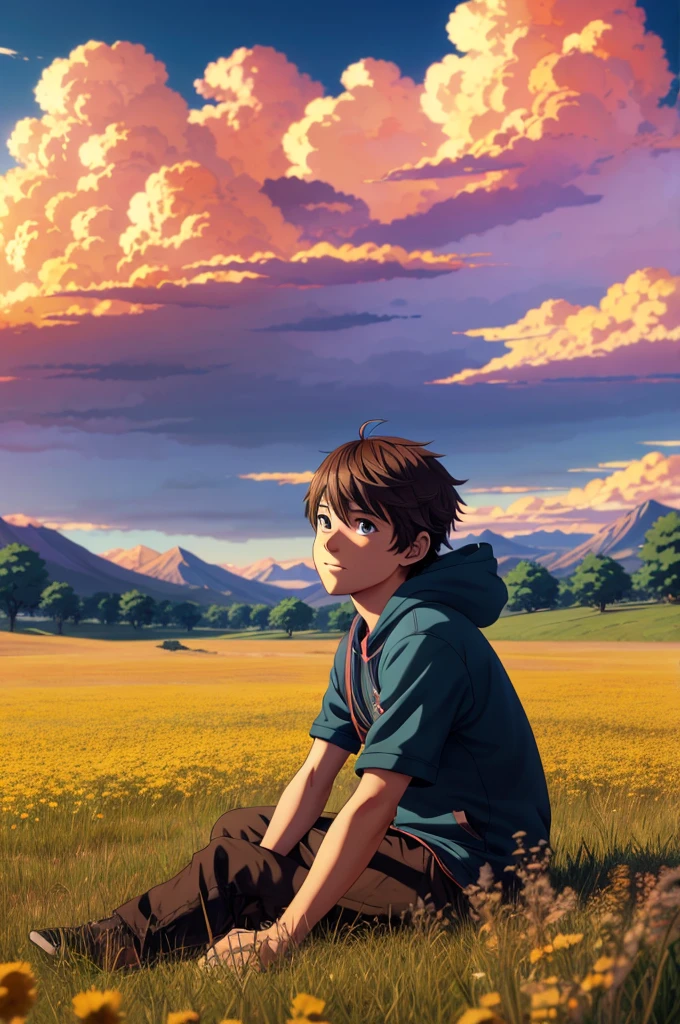 a boy sitting in an autumn meadow, seeing a vast blue sky with dark blue clouds, tall grasses, cloudy sky, makoto shinkai cyril rolando, anime art wallpaper 4k, anime art wallpaper 4k, animated background, anime art wallpaper 8k, animated background art, Anime Landscape Wallpaper, amazing wallpaper, hd wallpaper, 4k anime wallpaper, 4k anime wallpaper, Aries Moross art,art by Bob Byerley , AshleyWoodArtAI, Greg Rutkowski