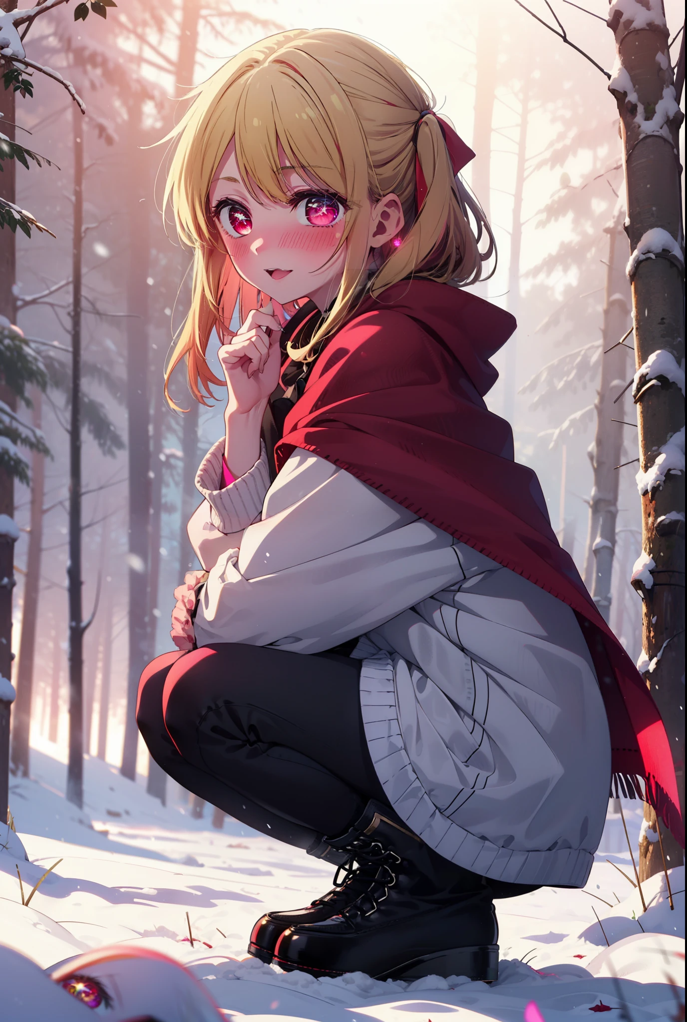 rubyhoshino, Hoshino Ruby, Long Hair, bangs, blonde, (Pink Eyes:1.3), Side Lock, (Symbol-shaped pupil:1.5), Multicolored Hair, Two-tone hair, smile,,smile,blush,white breath,
Open your mouth,snow,Ground bonfire, Outdoor, boots, snowing, From the side, wood, suitcase, Cape, Blurred, , forest, White handbag, nature,  Squat, Mouth closed, Cape, winter, Written boundary depth, Black shoes, red Cape break looking at viewer, Upper Body, whole body, break Outdoor, forest, nature, break (masterpiece:1.2), Highest quality, High resolution, unity 8k wallpaper, (shape:0.8), (Beautiful and beautiful eyes:1.6), Highly detailed face, Perfect lighting, Highly detailed CG, (Perfect hands, Perfect Anatomy),