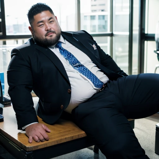 Realistic uncut penis，Completely naked，big, Fat Japanese man in a suit、whole body、office、Thick legs、Thick arm muscles、Intimidating、short hair、Kind Face、Long sleeve black jacket、Black trousers、Tight arm circumference、Long trousers、Tight suspension、Blue tie、tight white shirt、Groin bulge、Shirt tucked into pants、A very good rugby player、Intimidating、Have sex、光沢のあるBlack trousers、40 years old、expensive