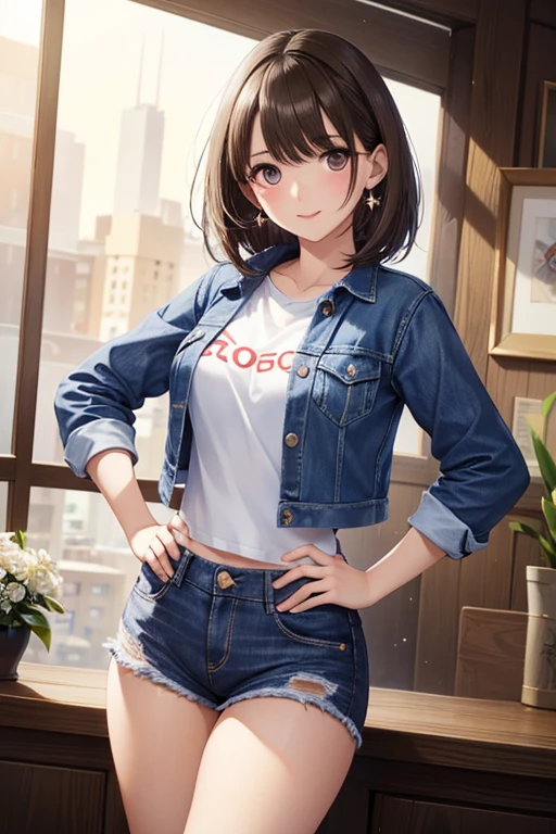 anegasaki nene、Shiny brown hair, short hair, (Beautiful brown eyes、Sparkling eyes, Fine grain)、smile、Ultra-detailed eyes、Highly detailed face, Highly detailed eyes,


最high quality、masterpiece、High sensitivity、High resolution、Detailed Description、Cowboy Shot、
(masterpiece, 最high quality, high quality:1.4), Professional artwork, Well drawn, Intricate details, vision,
Ethnic background, afternoon, , lipstick, compensate, Super detailed hair, Ultra Detail Face, Perfect Eyes, Perfect Face, Earrings, 
View your viewers,  Place one hand on hip,
Tight short denim shorts, Crop jacket, Tight sweater, Long socks.