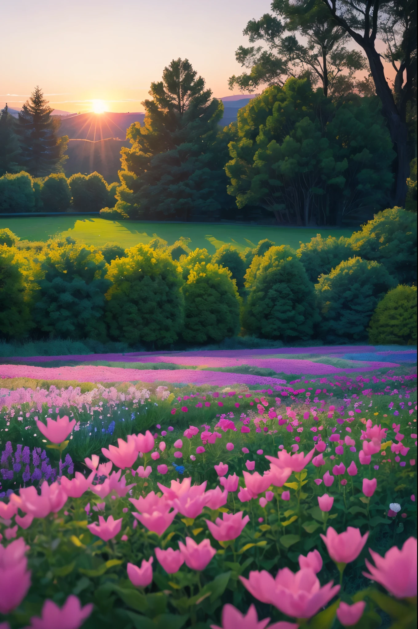 arafed view of a field of flowers with a sunset in the background, a pastel by Carol Bove, flickr, fine art, flower garden summer morning, beautiful border, in a cottagecore flower garden, cottagecore flower garden, lush flowery outdoors, incredibly beautiful, beautiful setting, beautiful lush colors, beautiful garden, flower garden, beautiful scene